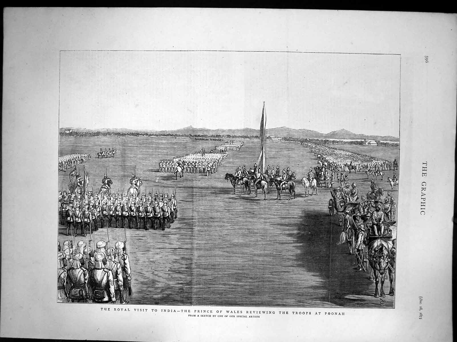 Old Print Royal Visit To India Prince Wales Reviewing Troops Poonah 1875 19th
