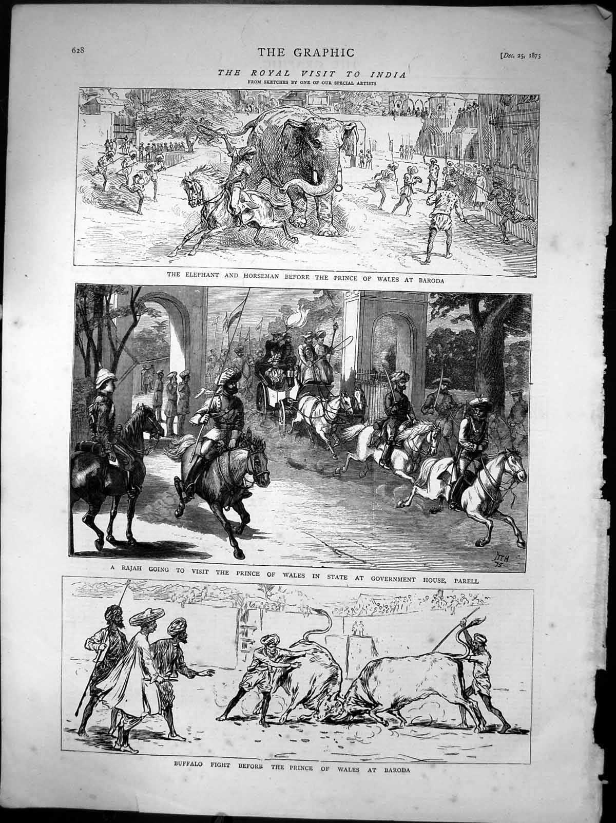 Old Print Royal Visit India Buffalo Fight Prince Wales Baroda Rajah 1875 19th