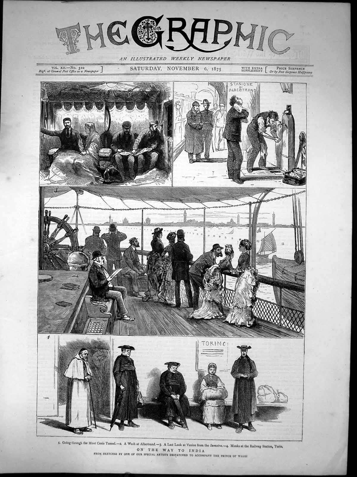 Old Print On Way To India Mont Cenis Tunnel Albertrand Sumatra Turin 1875 19th