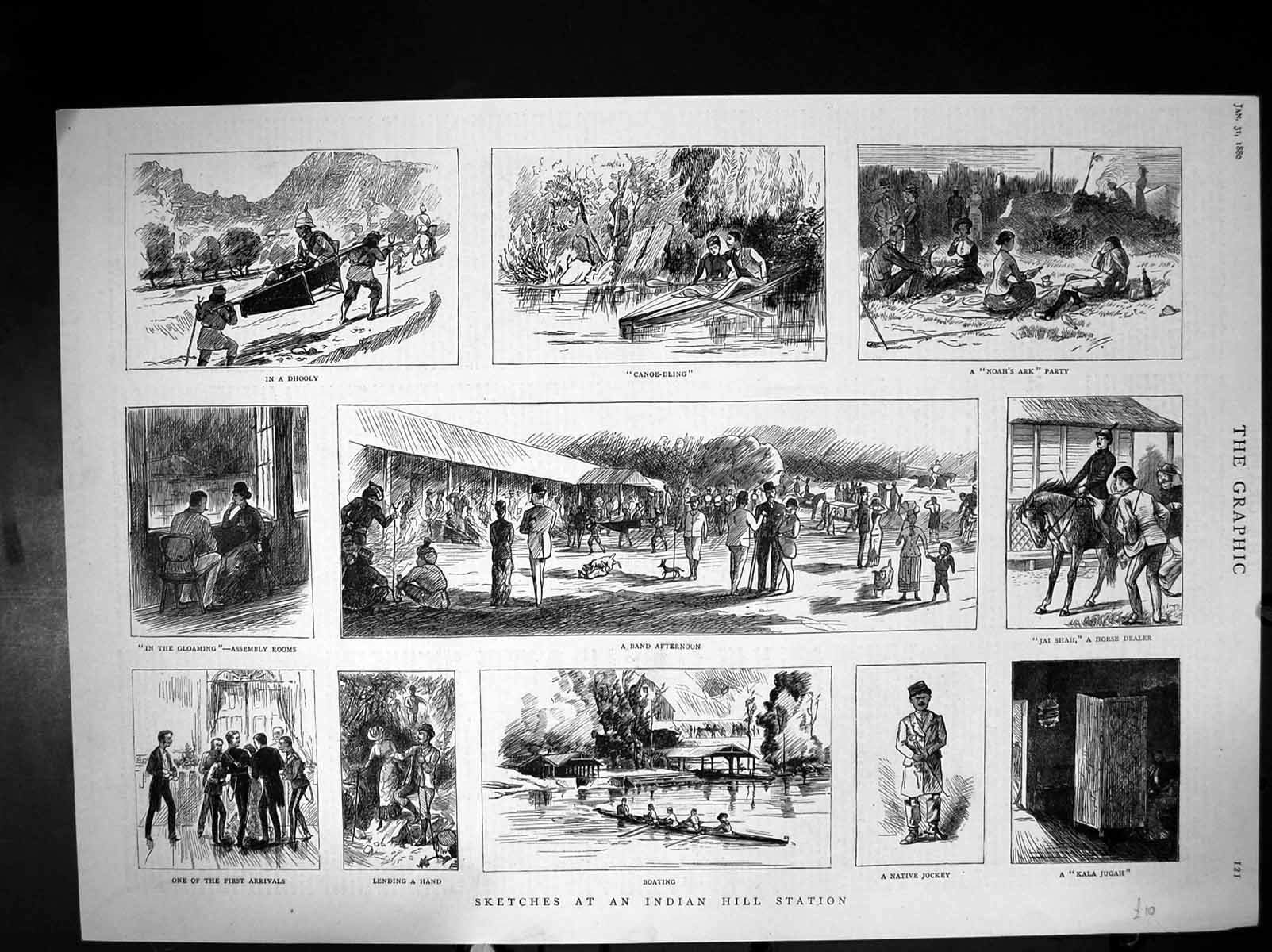Old Sketches At An Indian Hill Station Dhooly Canoe Horse Dealer 1880 Victorian