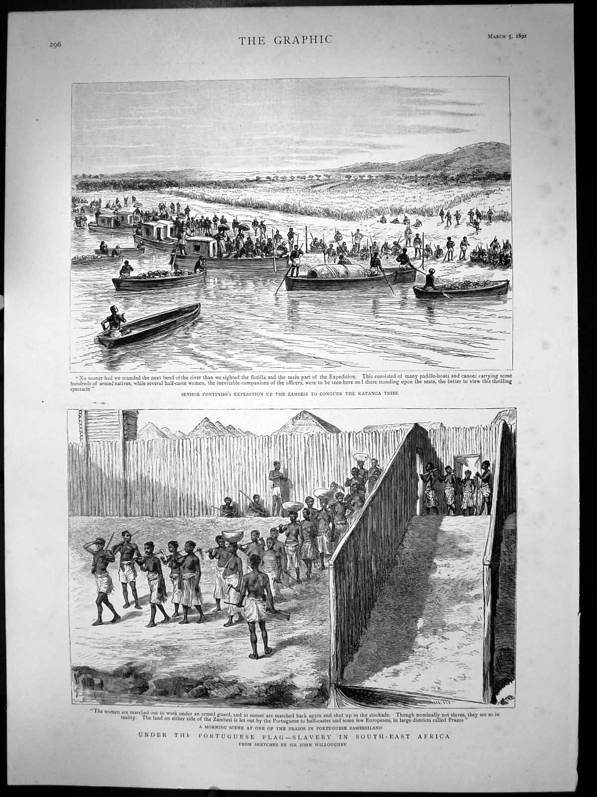 Old Print Under Portuguese Flag Slavery Africa Zambesi Katanga Tribe 1892 19th