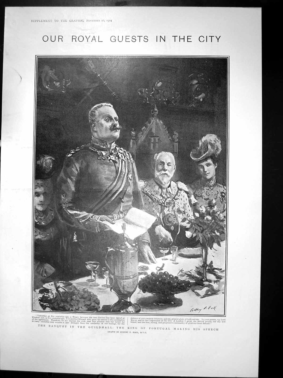 Antique Print Banquet In The Guildhall King Portugal Making His Speech 1904