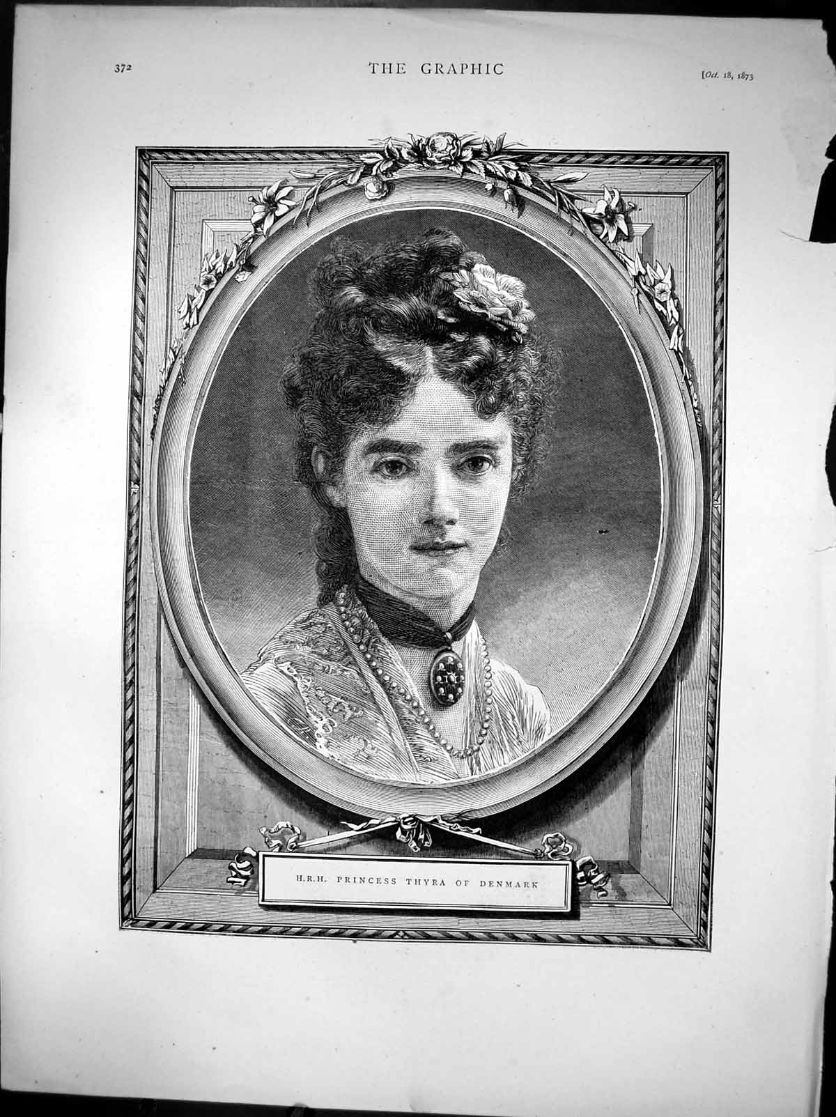 Original Old Antique Print Hrh Princess Thyra Denmark Framed Portrait 1873 19th