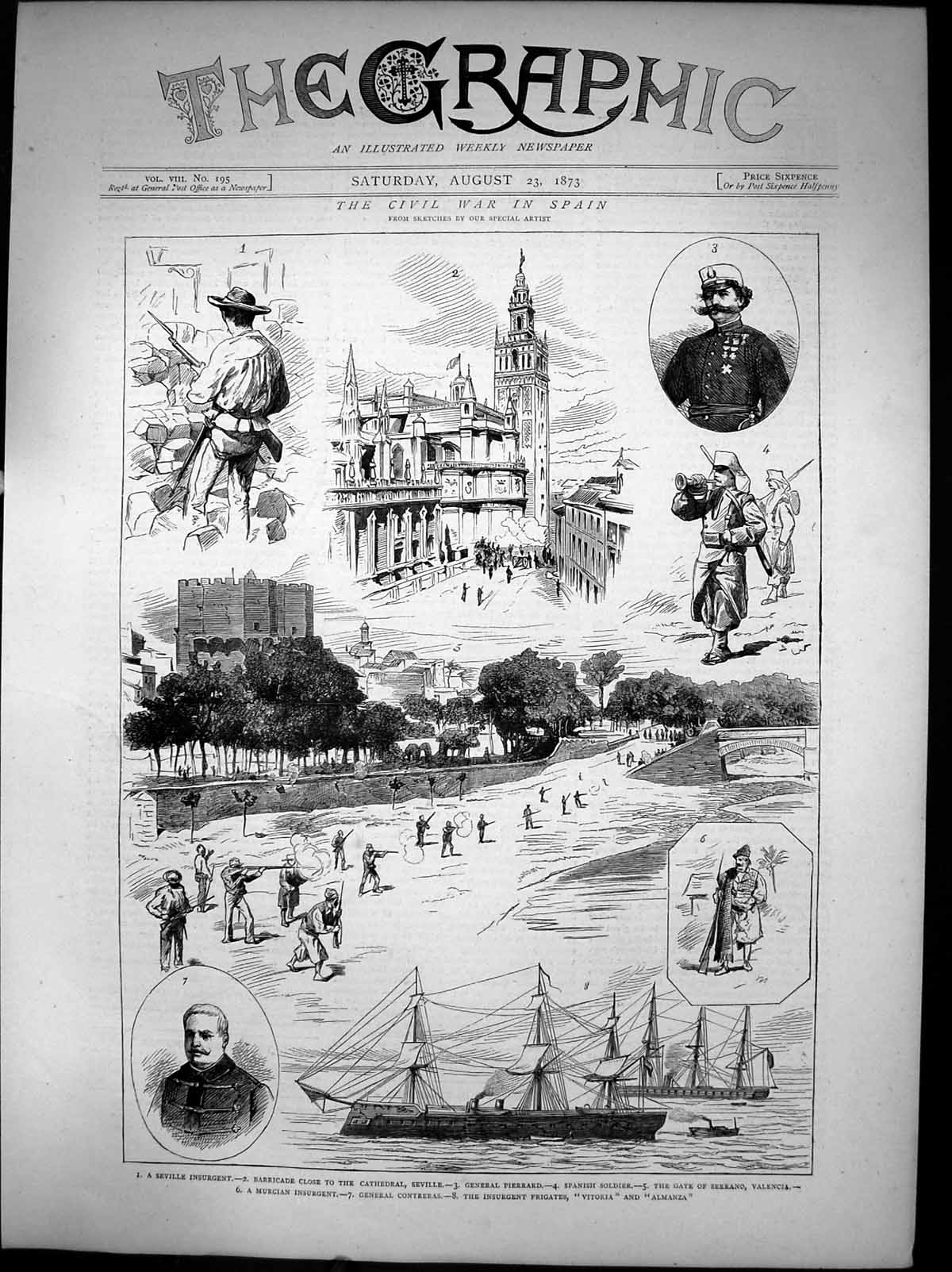 Old Civil War In Spain Seville Insurgent Vitoria Almanza Frigates 187 Victorian