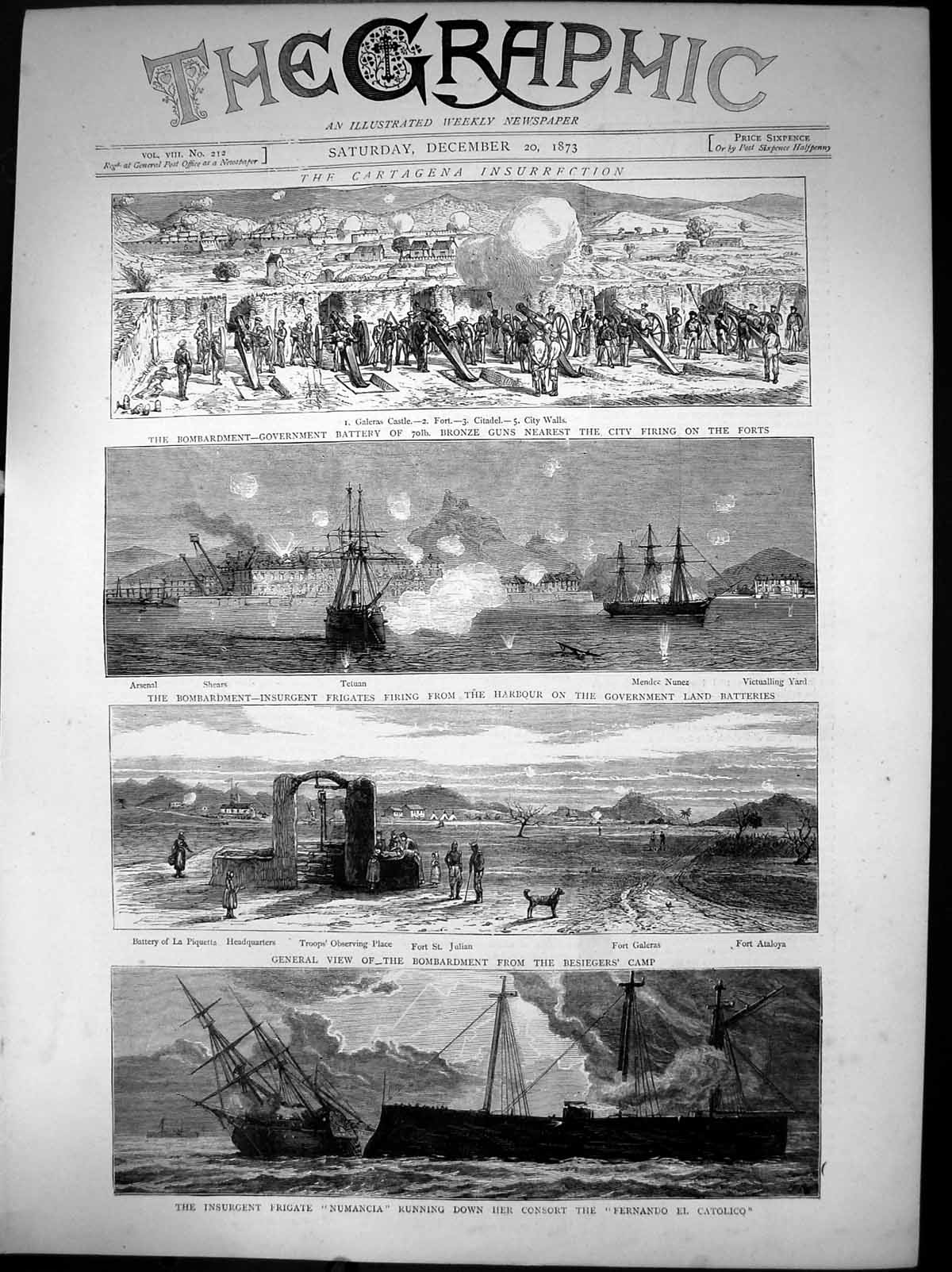 Antique Print Cartagena Insurrection Bombardment Firing Fort Frigates 1873 19th