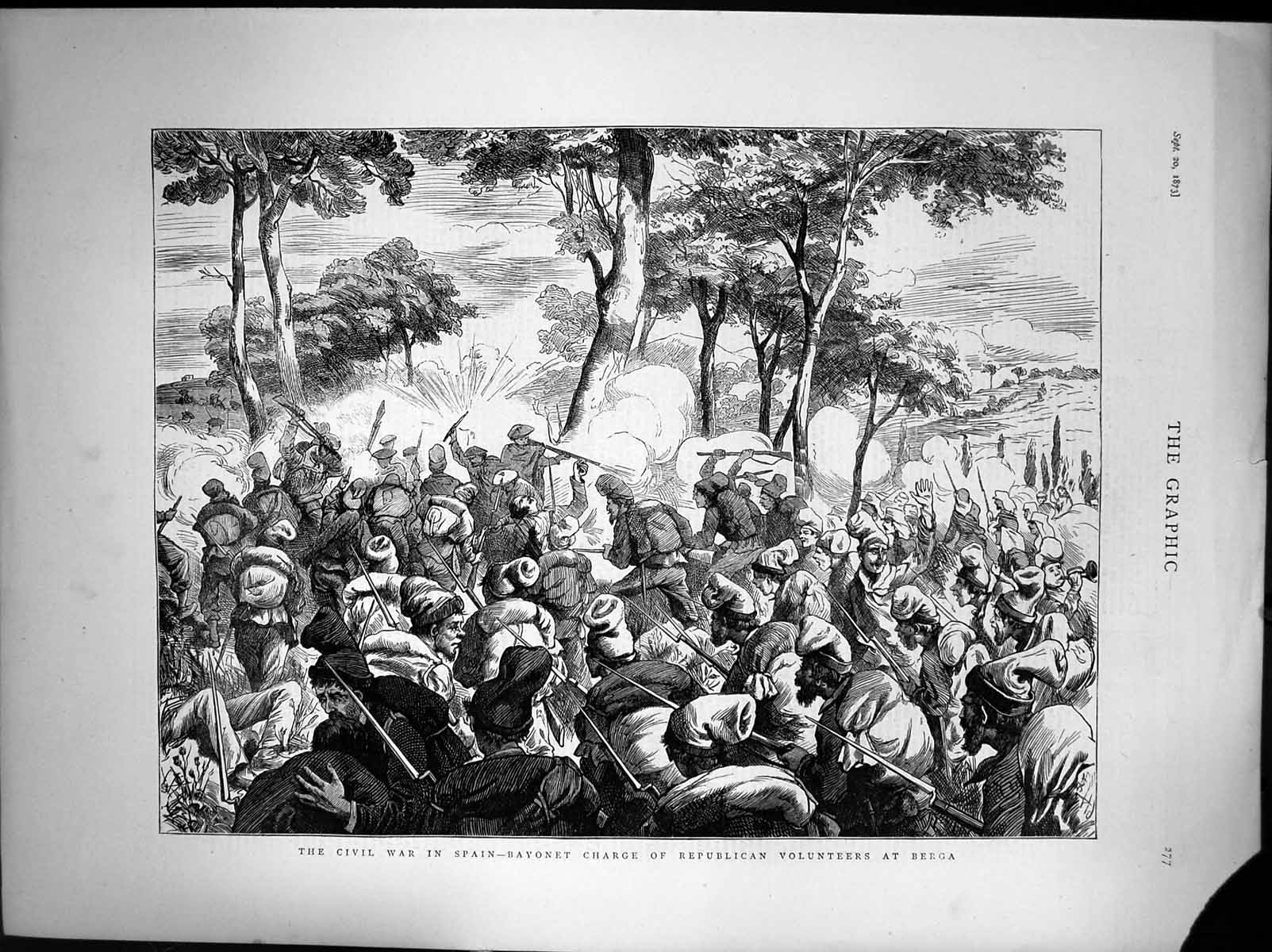 Antique Old Print Civil War In Spain Bayonet Charge Republicans At Berga 1873