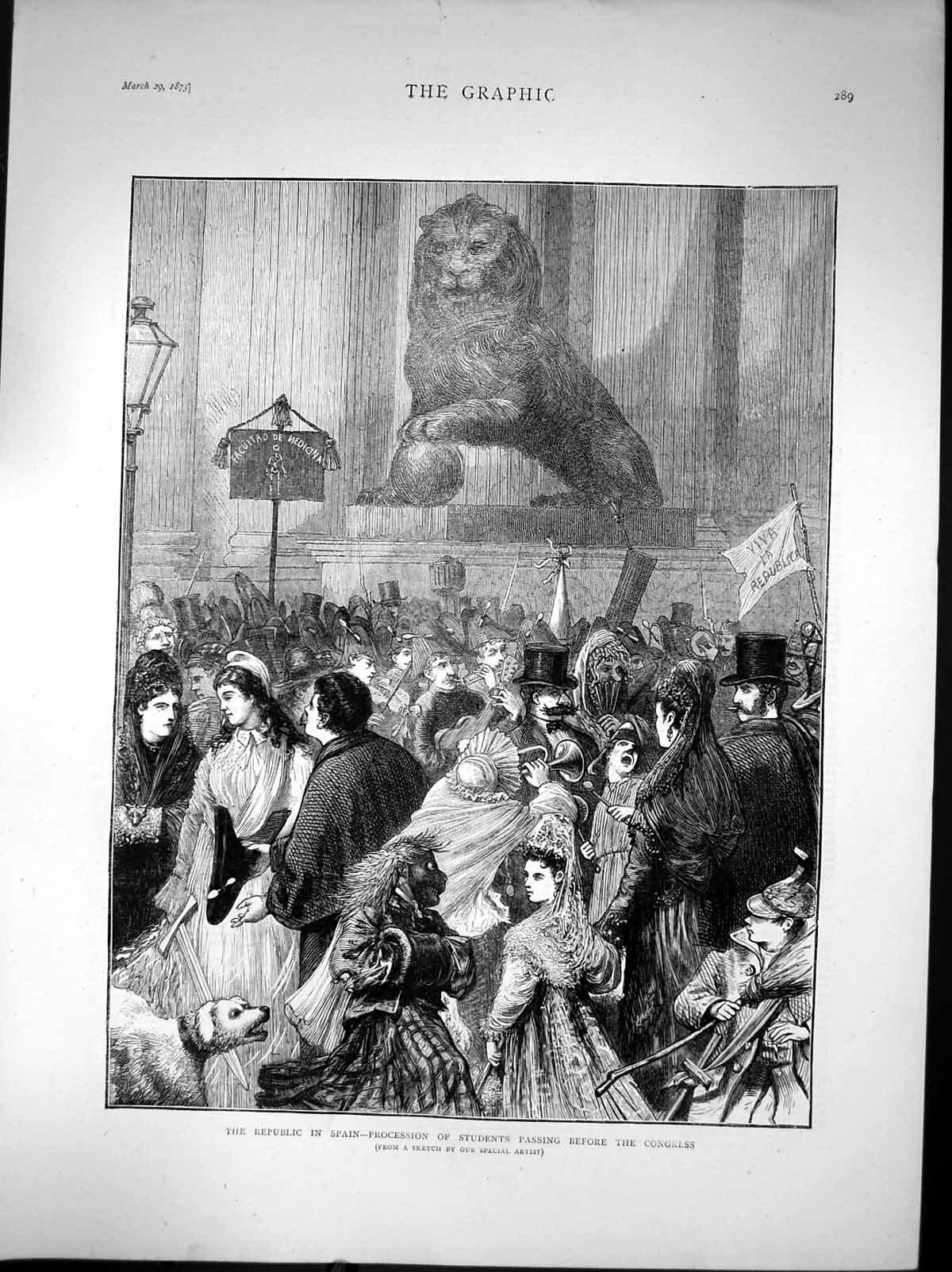 Old Republic In Spain Procession Students Passing Before Congres 1873 Victorian