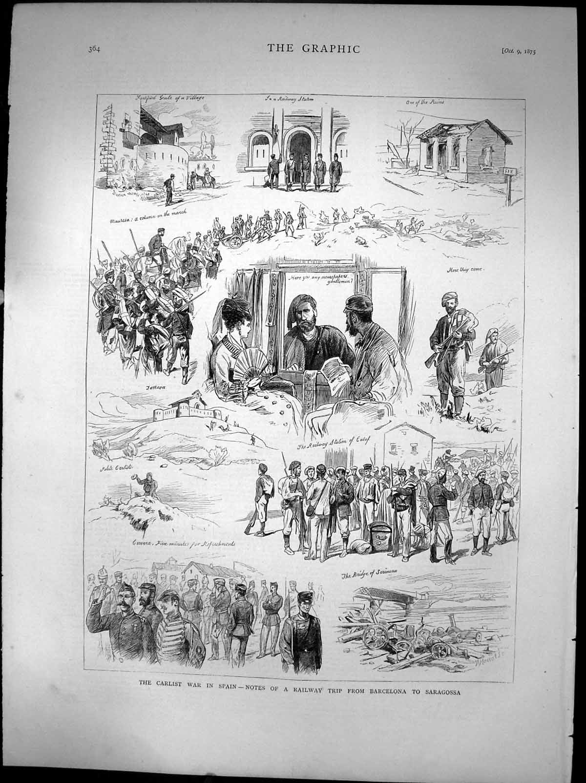 Old Print Carlist War Spain Railway Trip From Barcelona To Saragossa 1875 19th