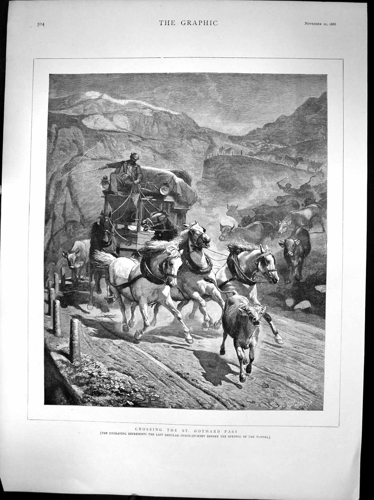 Antique Old Print Crossing The St Gothard Pass Last Coach Journey Tunnel 1888