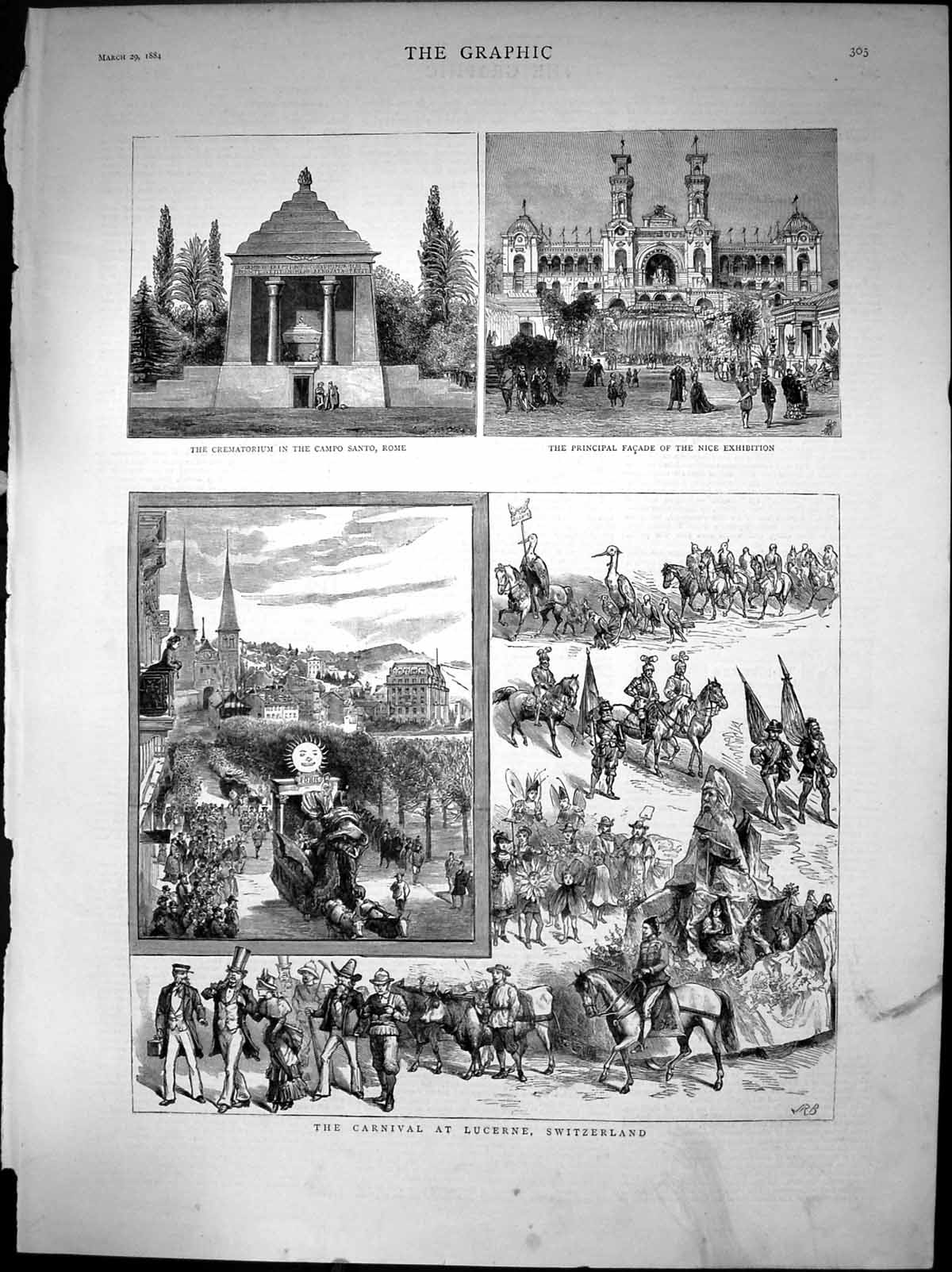 Antique Old Print Carnival At Lucerne Switzerland Campo Santo Rome Nice 1884