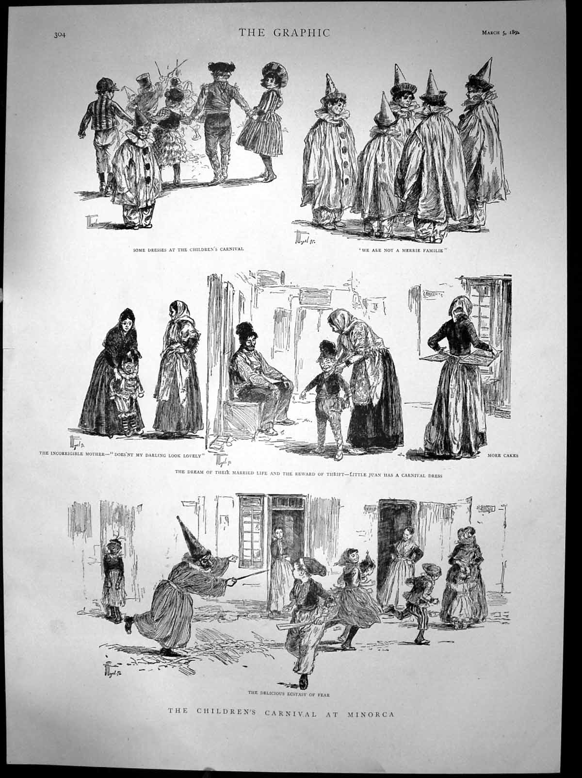 Old Antique Print Childrens Carnival At Minorca Play Dress Cakes 1892 19th