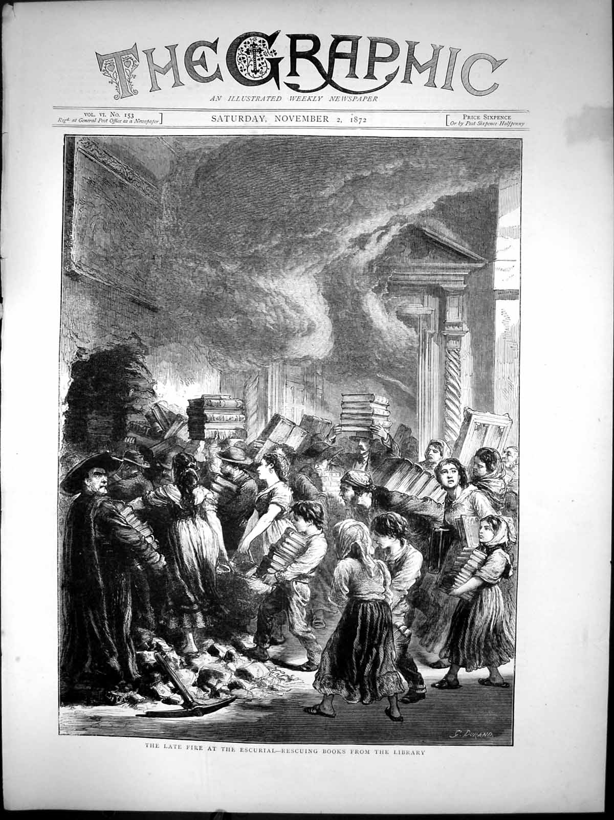 Old Print The Late Fire At The Escurial Rescuing Books From Library 1872 19th