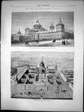 Old Print Fire At Escurial Palace Side View Monastery Birds Eye View 1872 19th