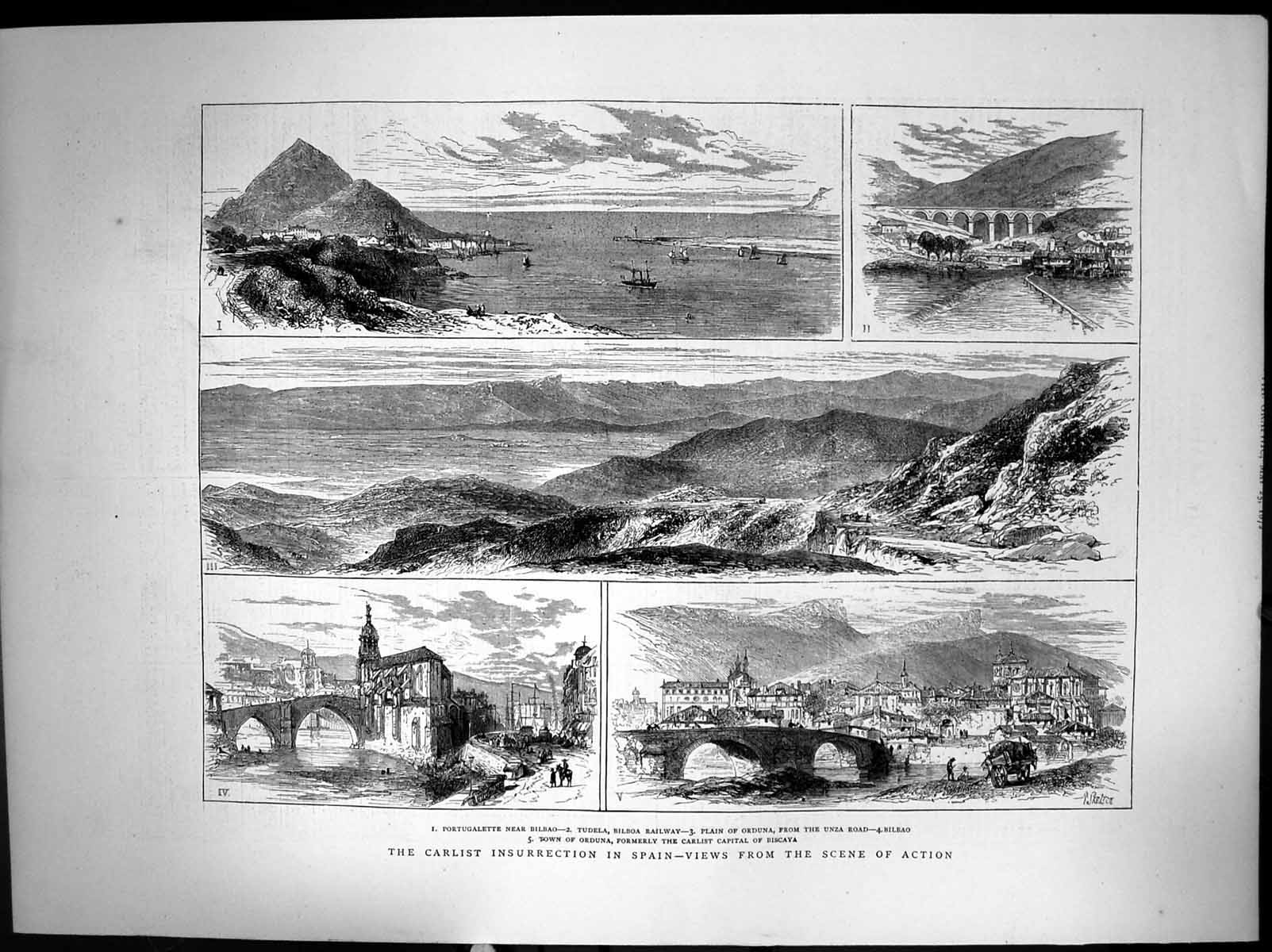 Antique Print Carlist Insurrection Spain Bilbao Railway Orduna Biscaya 1872