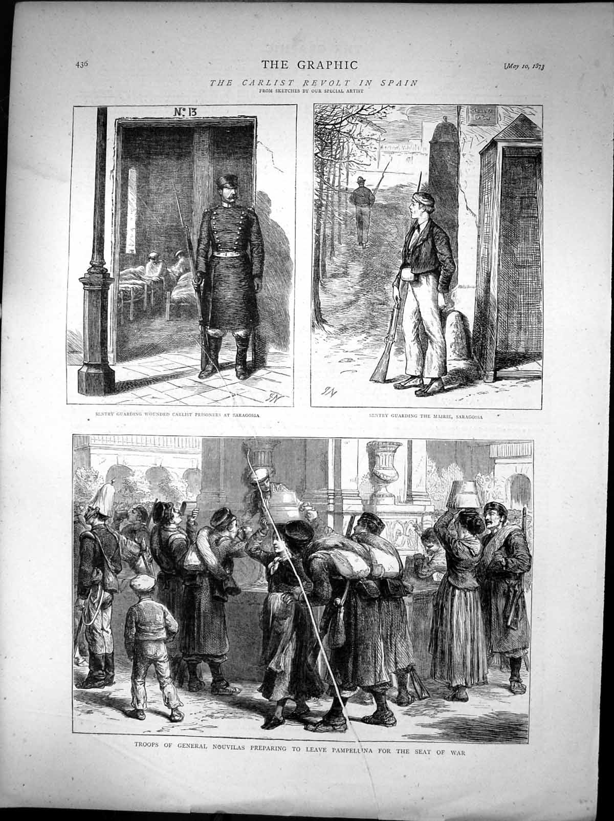 Old Print Carlist Revolt In Spain Guard Prisoners Saragossa Nouvilas 1873 19th