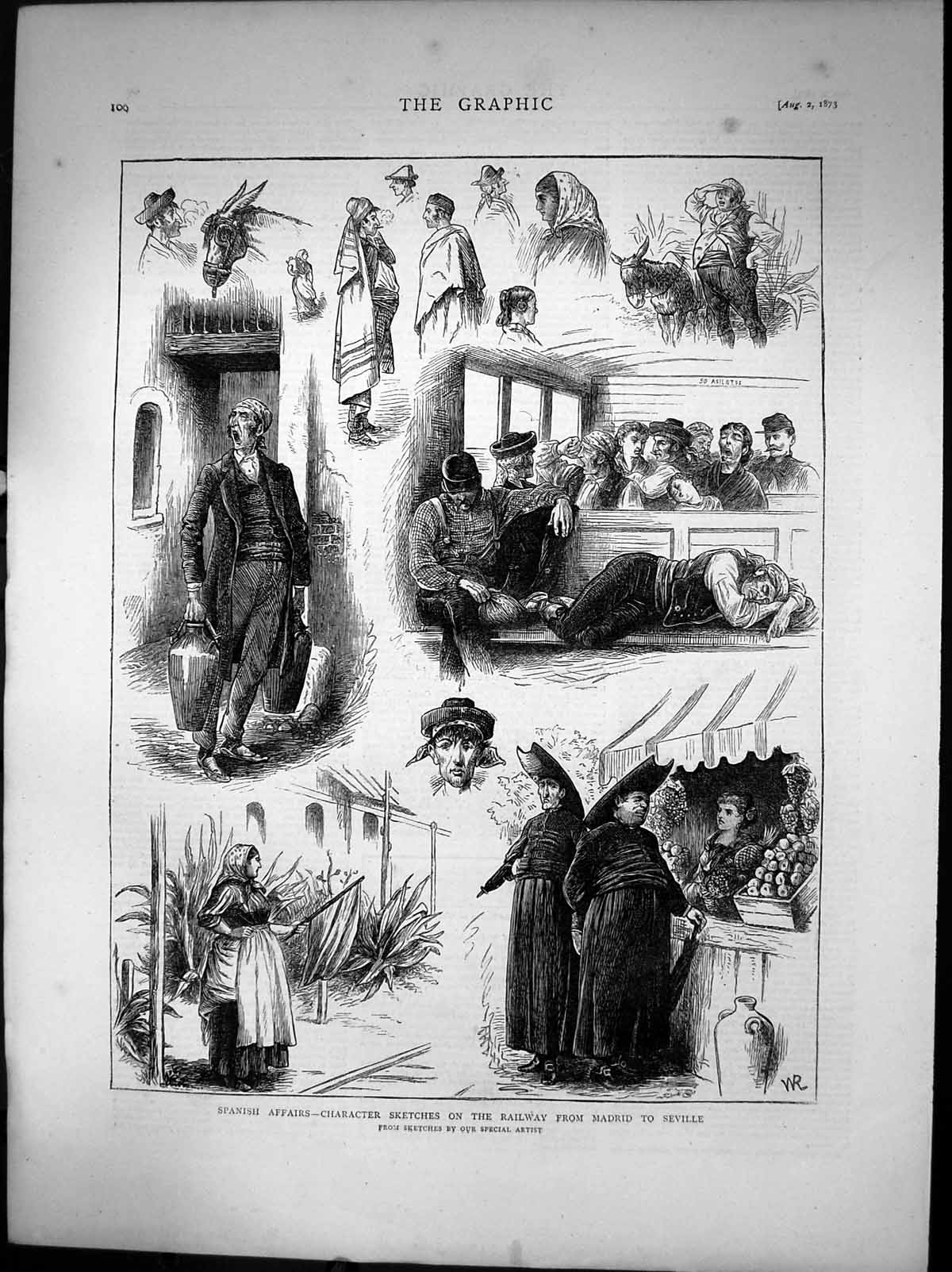 Old Print Spanish Affairs Character Sketches Railway Madrid Seville 1873 19th