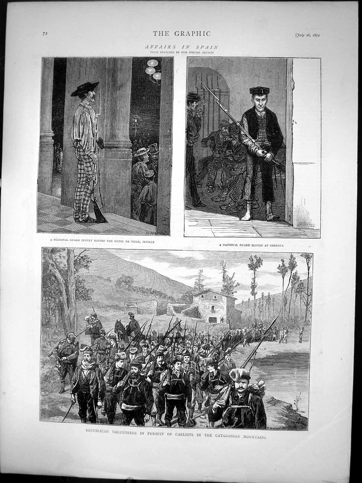 Antique Old Print Republican Volunteers Spain Pursuit Carlists Catalonia 1873