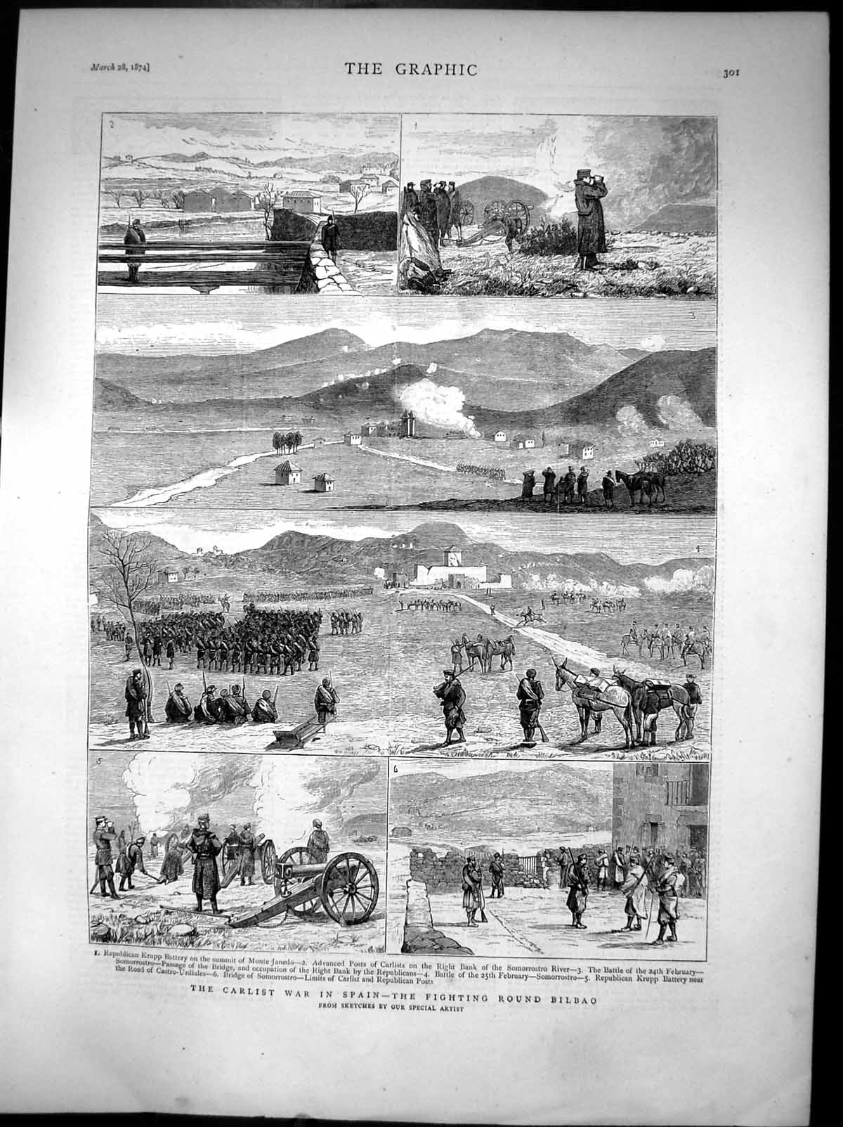 Old Print Carlist War Spain Fighting Round Bilbao Republican Carlist 1874 19th