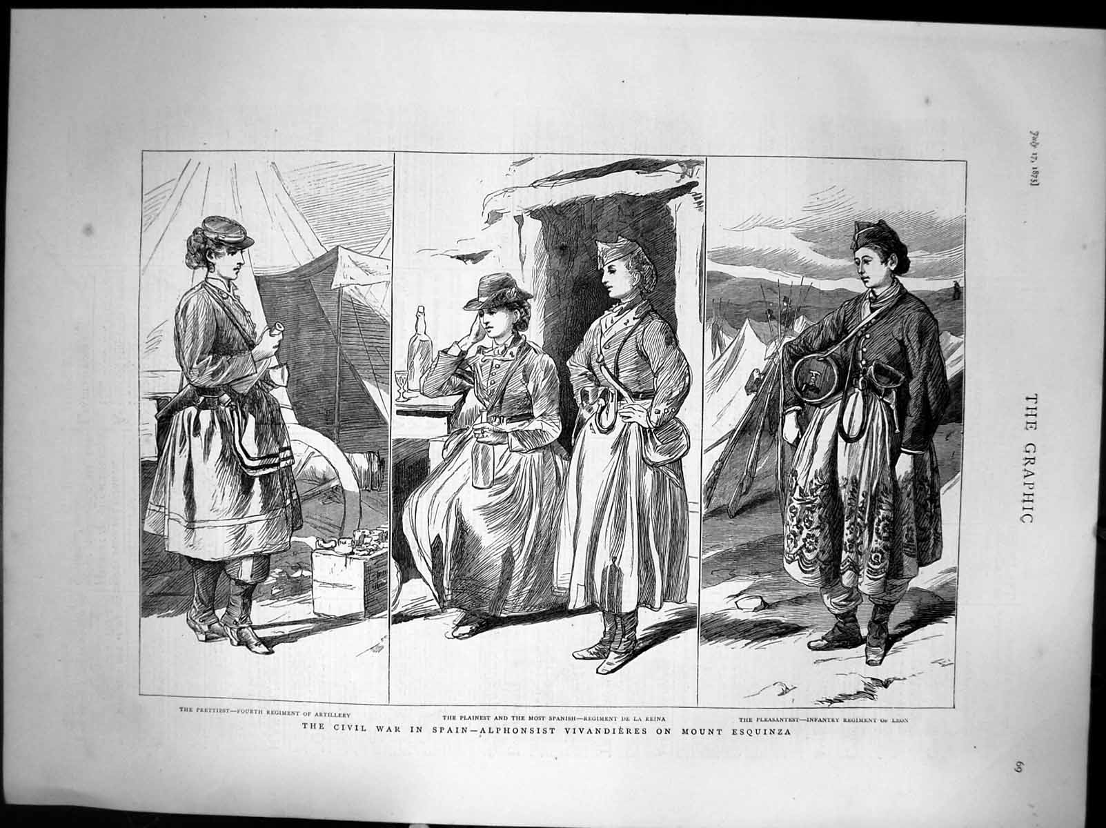 Antique Print Civil War Spain Alphonsist Vivandieres On Mount Esquinza 1875