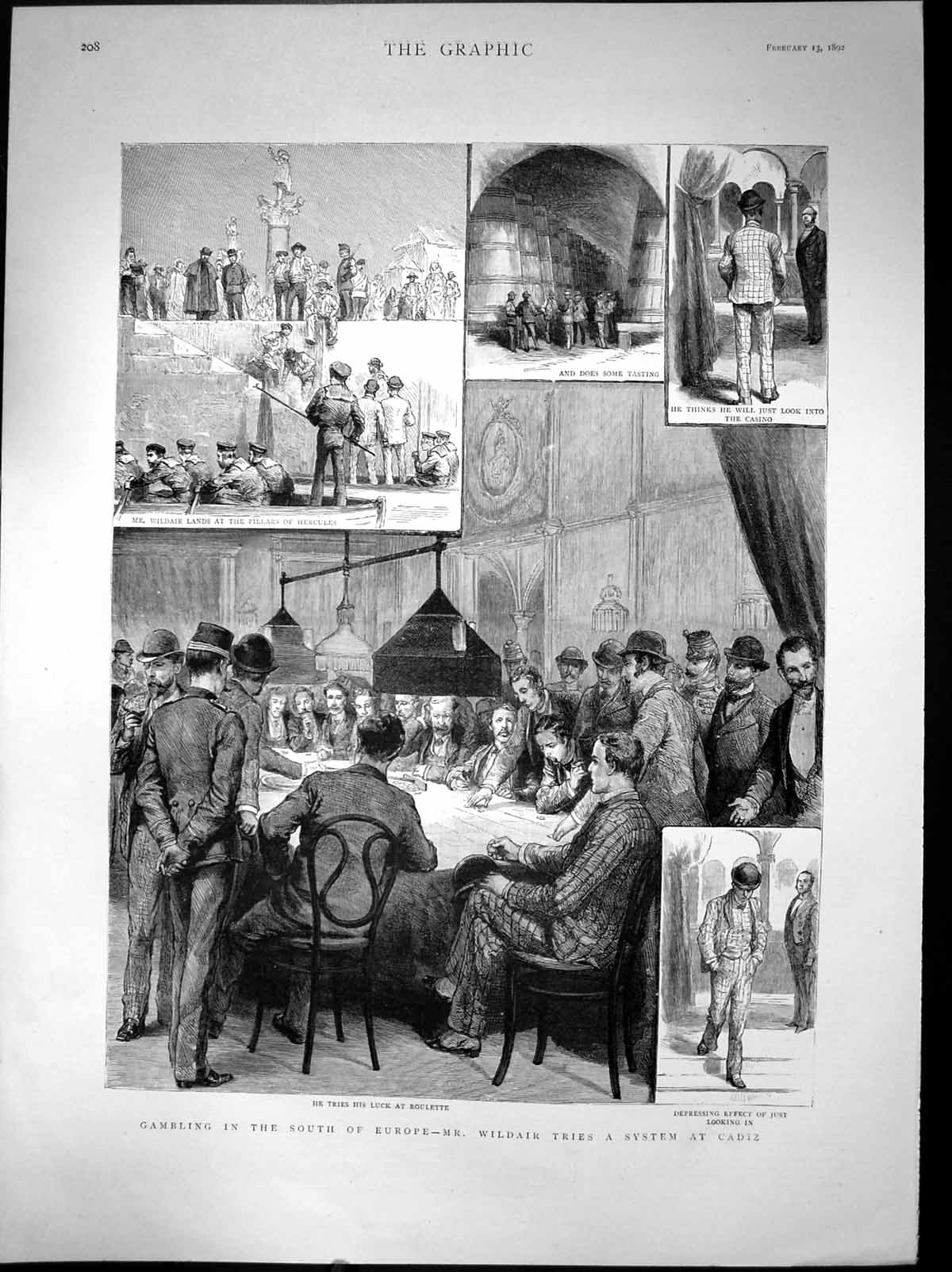 Antique Old Print Gambling In The South Europe Mr Wildair System Cadiz 1892