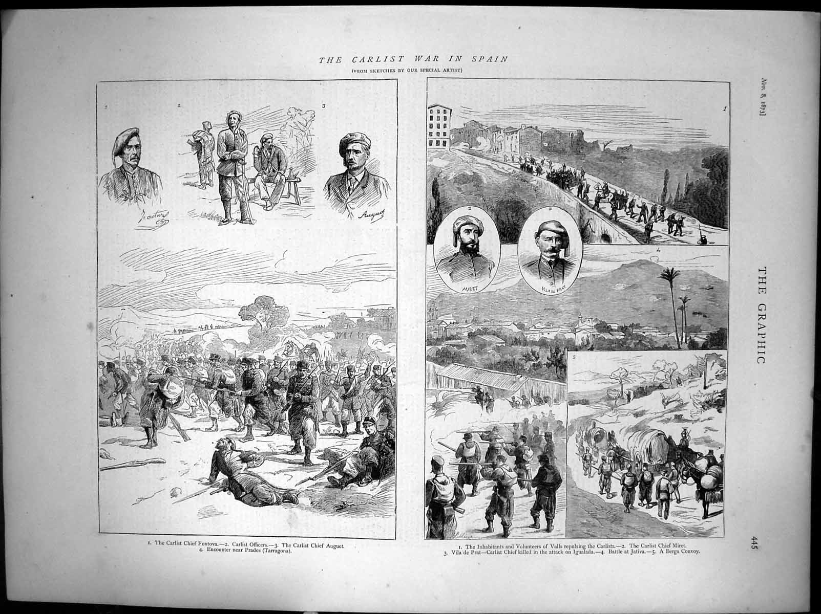 Old Print Carlist War Spain Officers Carlist Chief Volunteers Valls 1873 19th
