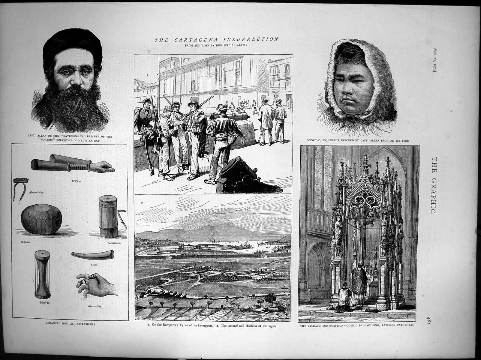 Old Antique Print Cartagena Insurrection Capt Allan Harbour Ratisbon 1873 19th