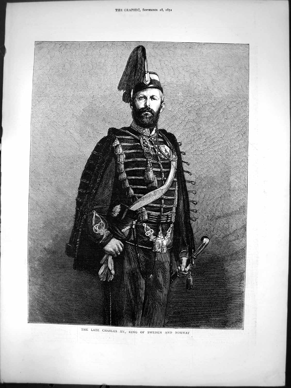 Antique Old Print The Late Charles Xv King Sweden And Norway Portrait 1872 19th