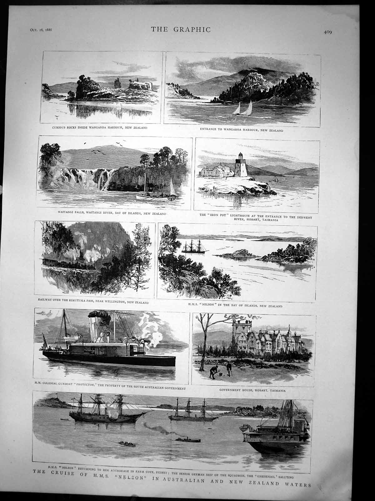 Antique Old Print Cruise Hms Nelson In Australian And New Zealand Waters 1886