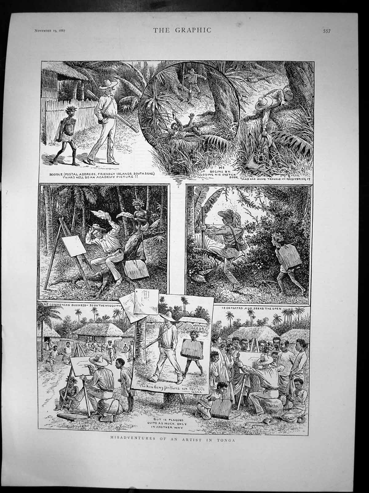 Antique Old Print Misadventures An Artist In Tonga Sketches Mosquitos 1887 19th