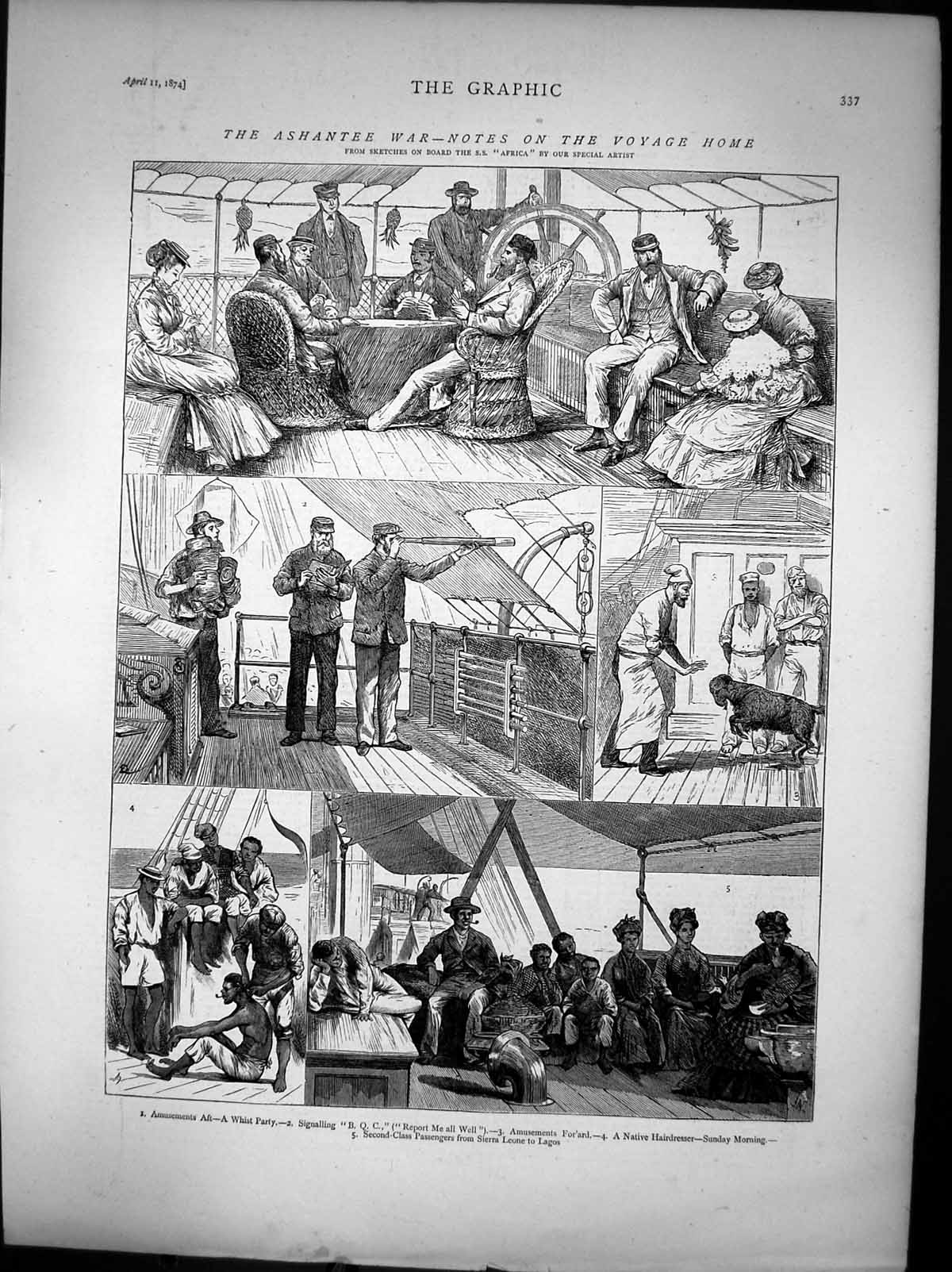 Antique Old Print Ashantee War Voyage Home Whist Party Hairdresser Lagos 1874
