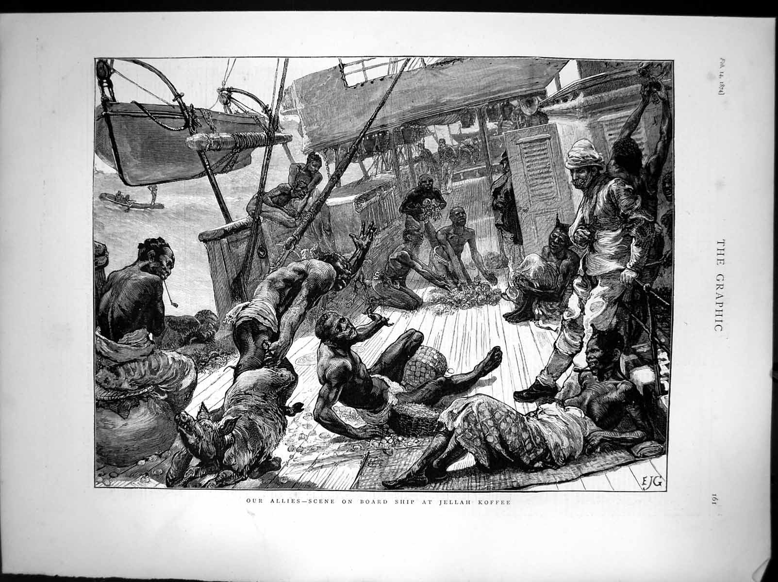 Original Old Antique Print Our Allies-Scene On Board Ship At Jellah Koffee 1874