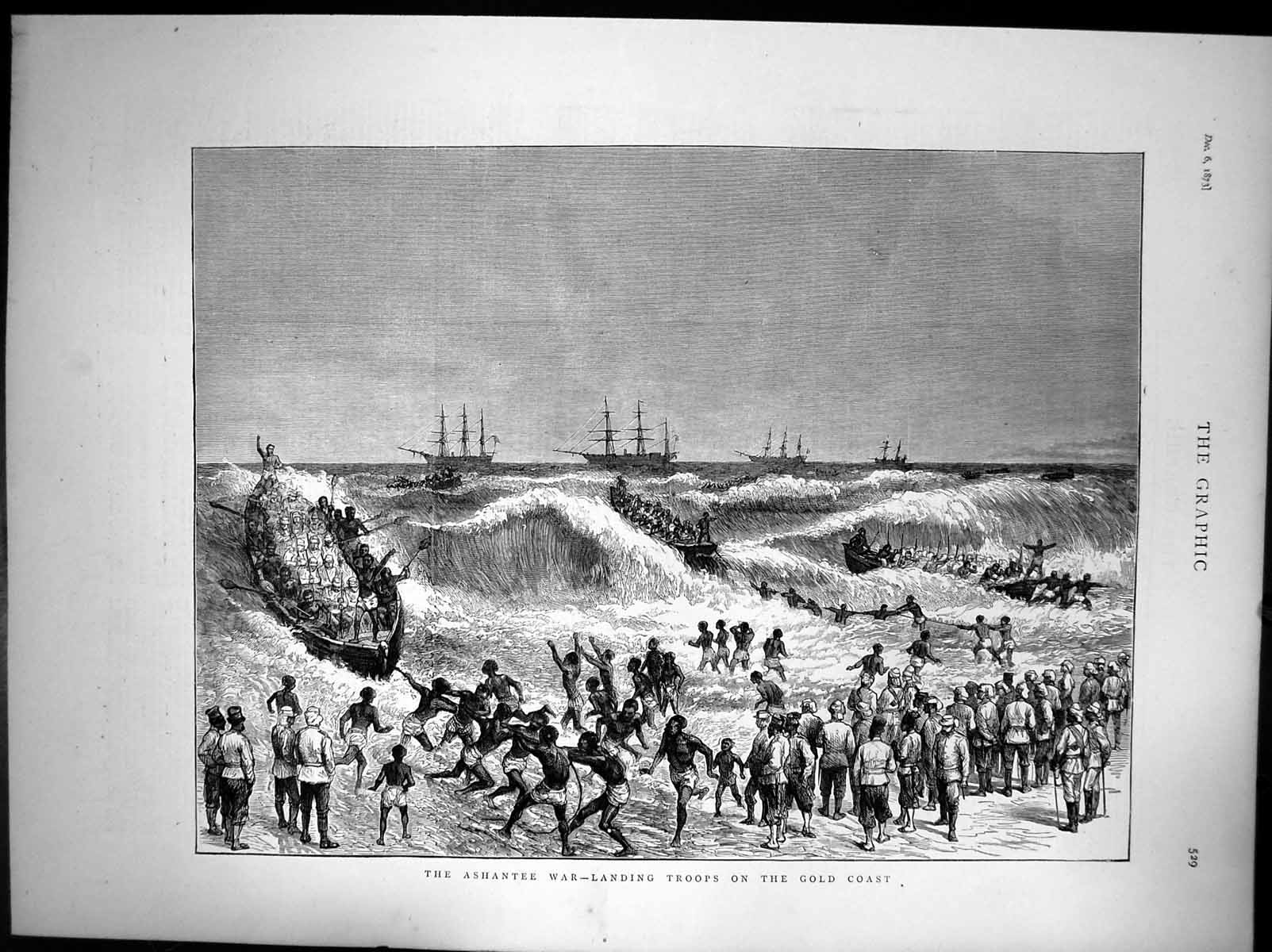 Antique Old Print Ashantee War Landing Troops On The GCoast Boats Waves 1873