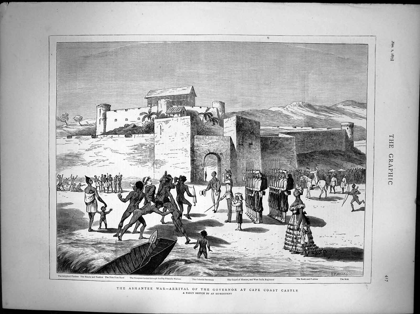 Antique Old Print Ashantee War Arrival Governor Cape Coast Castle Guards 1873