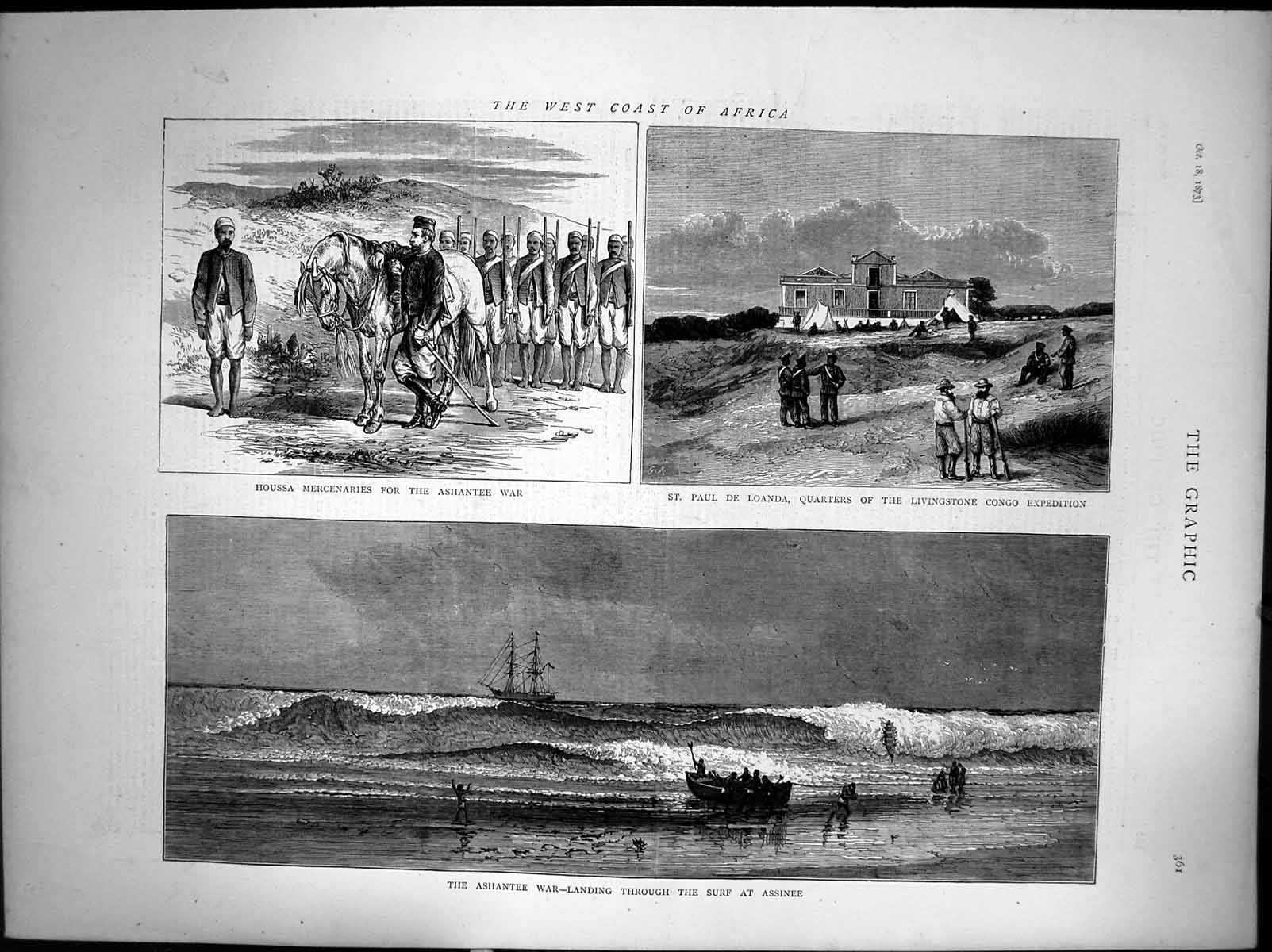 Antique Old Print Ashantee War Landing Through The Surf At Assinee Congo 1873