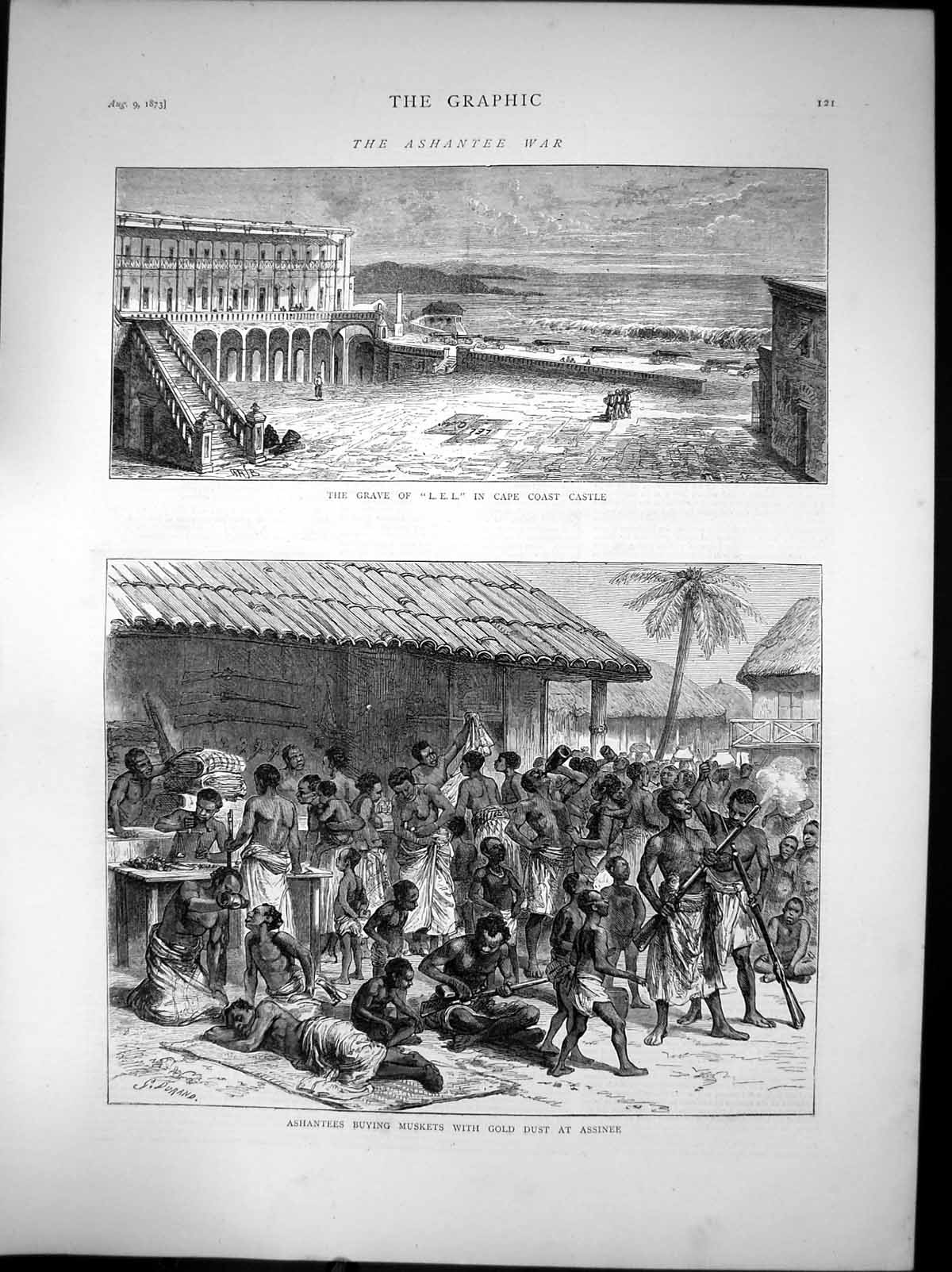 Antique Old Print Ashantee War Grave L.E.L. Buying Muskets Assinee GDust 1873