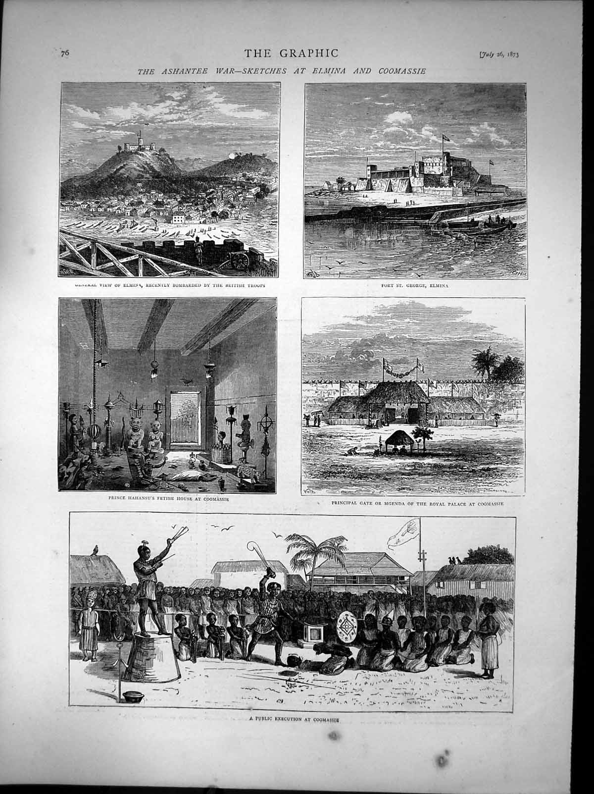 Antique Old Print Ashantee War Elmina Coomassie Public Execution Mgenda 1873