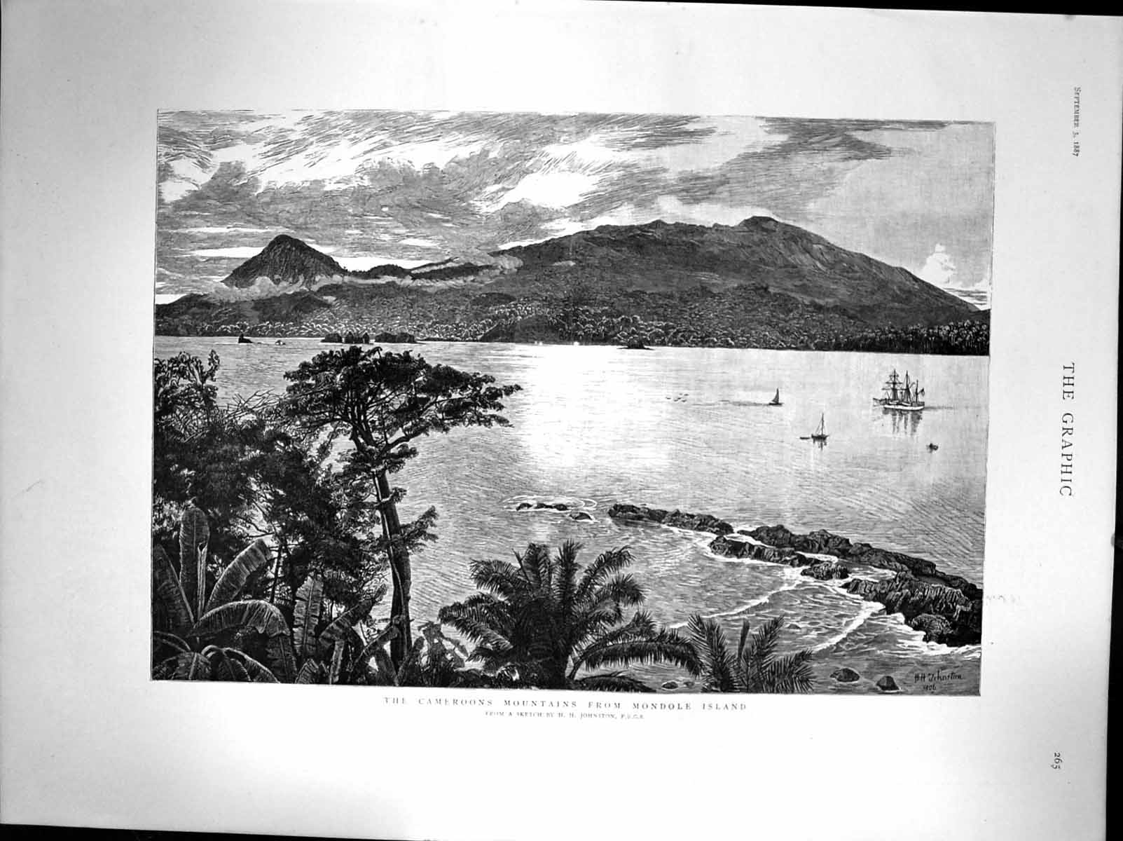 Antique Print The Cameroons Mountains From Mondole Island Hh Johnston 1887 19th