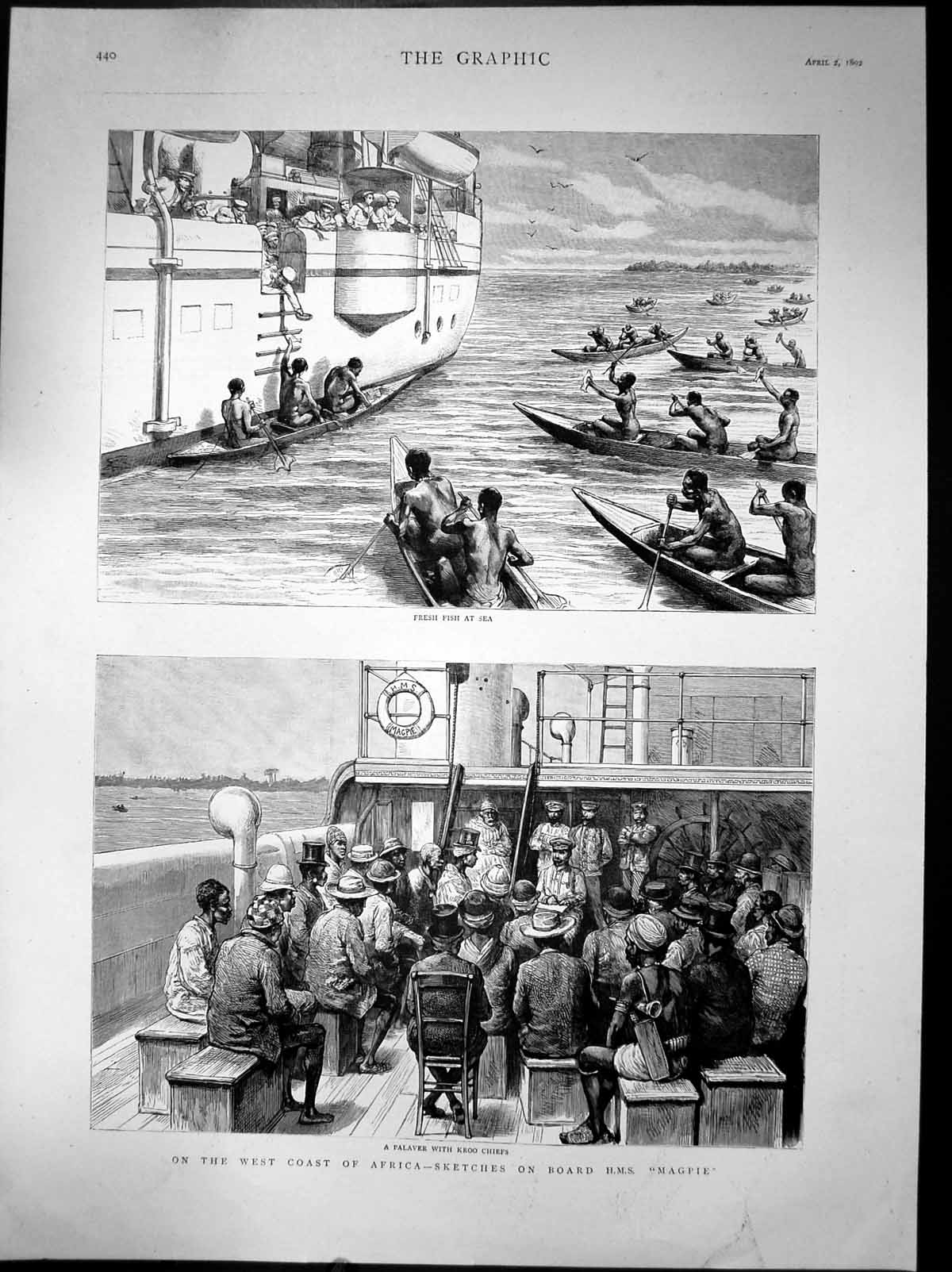 Antique Print On West Coast Africa Sketches On Hms Magpie Fishing Sea 1892 19th