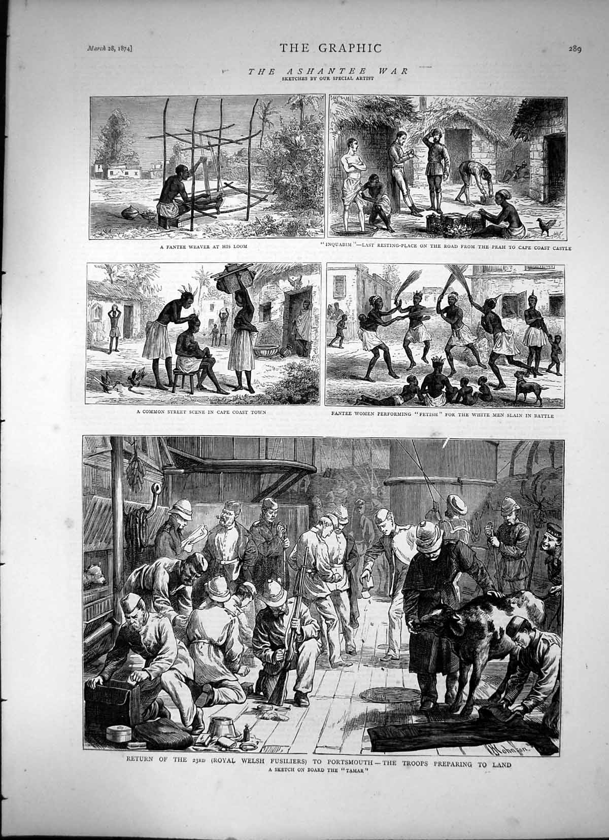Antique Old Print Ashantee War Return Troops To Portsmouth Fantee Women 1874