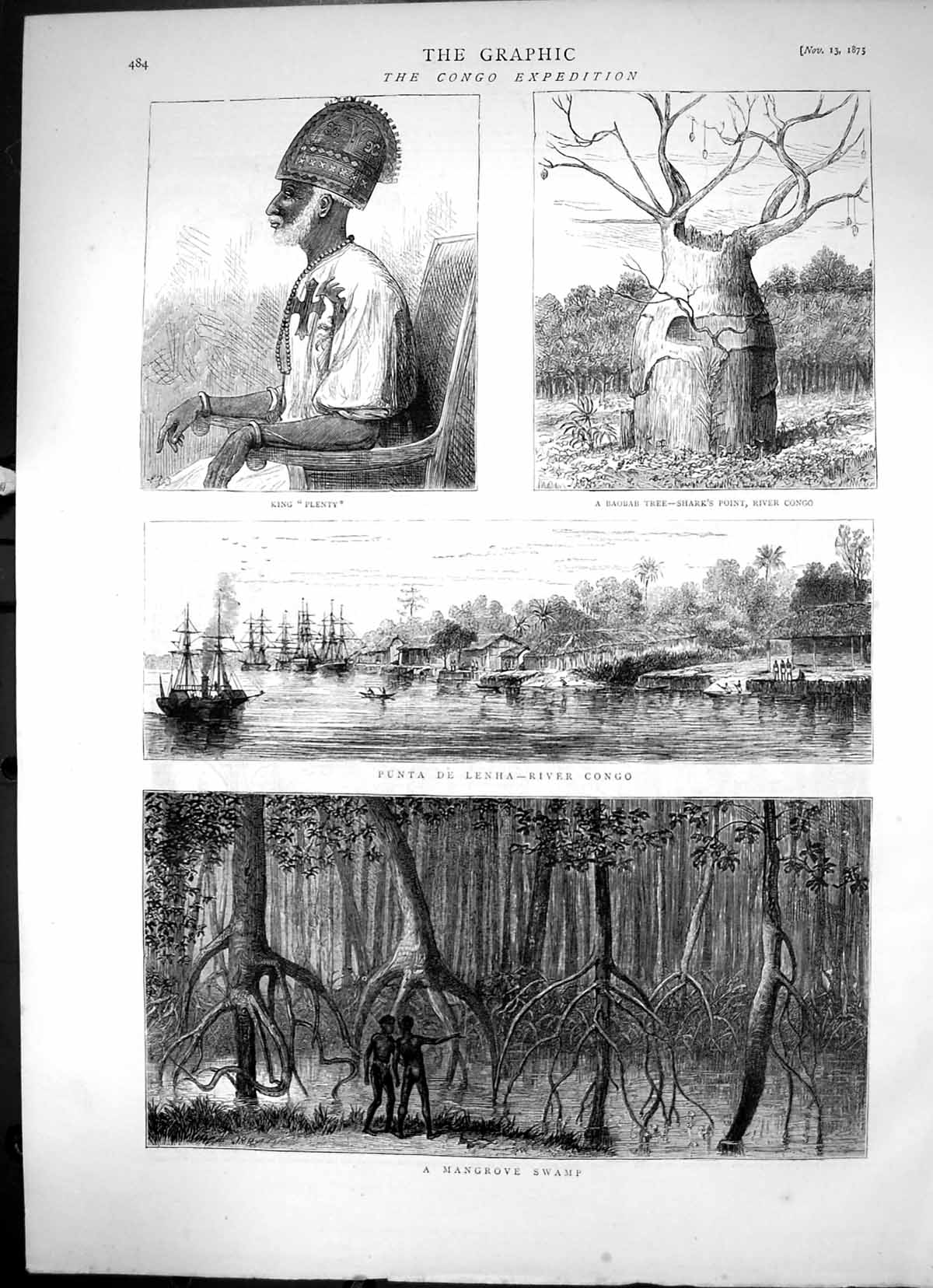 Antique Print Congo Expedition King Plenty Mangrove Swamp Baobob Tree 1875 19th