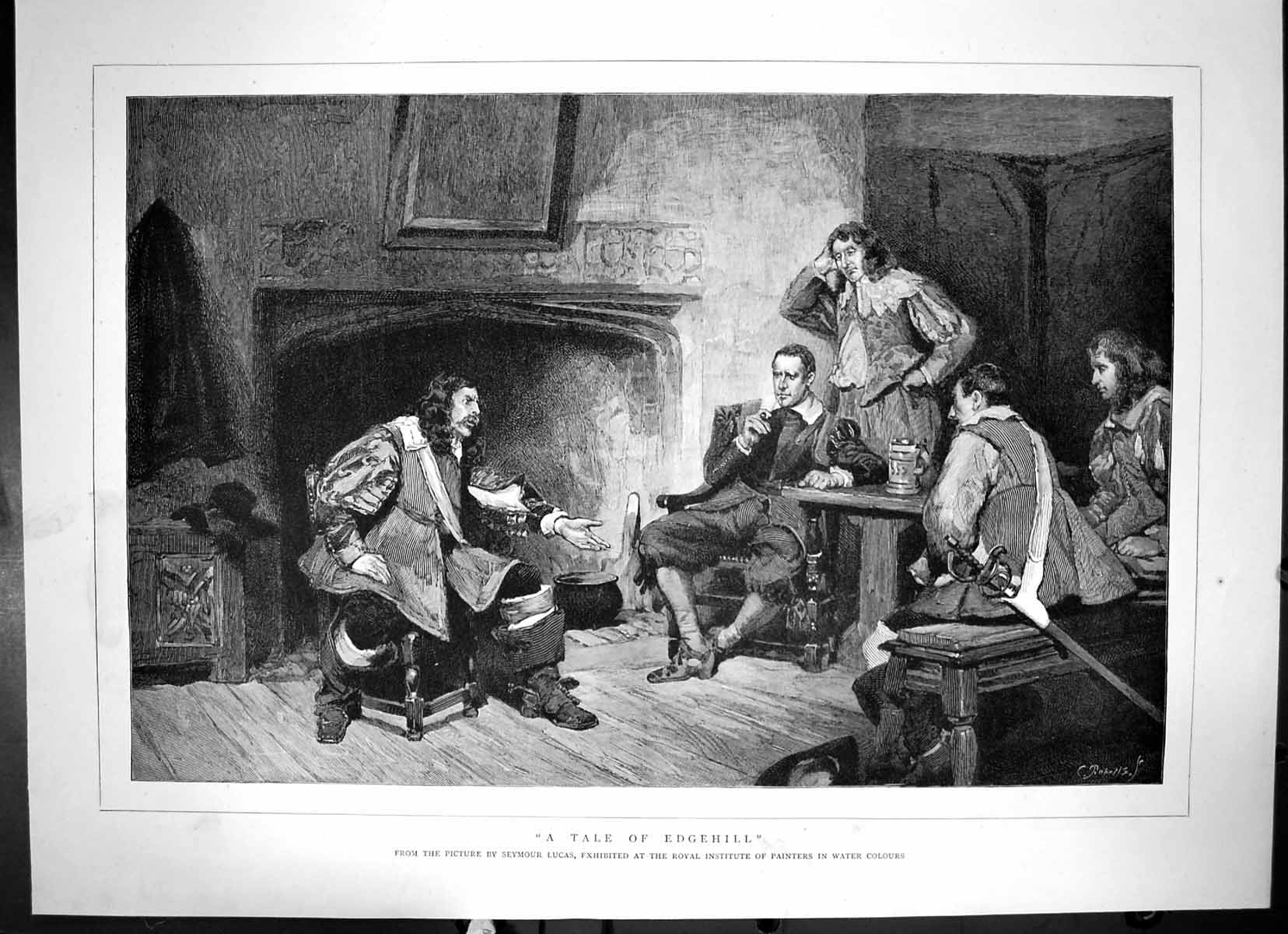 Antique Print A Tale Edgehill Picture By Seymour Lucas Sketch Men Fireplace