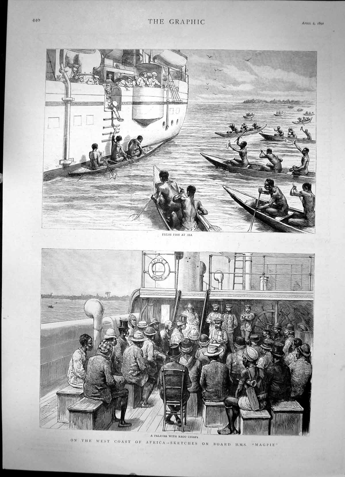 Old Print On West Coast Africa Sketches On Board Hms Magpie Fishing 1892 19th
