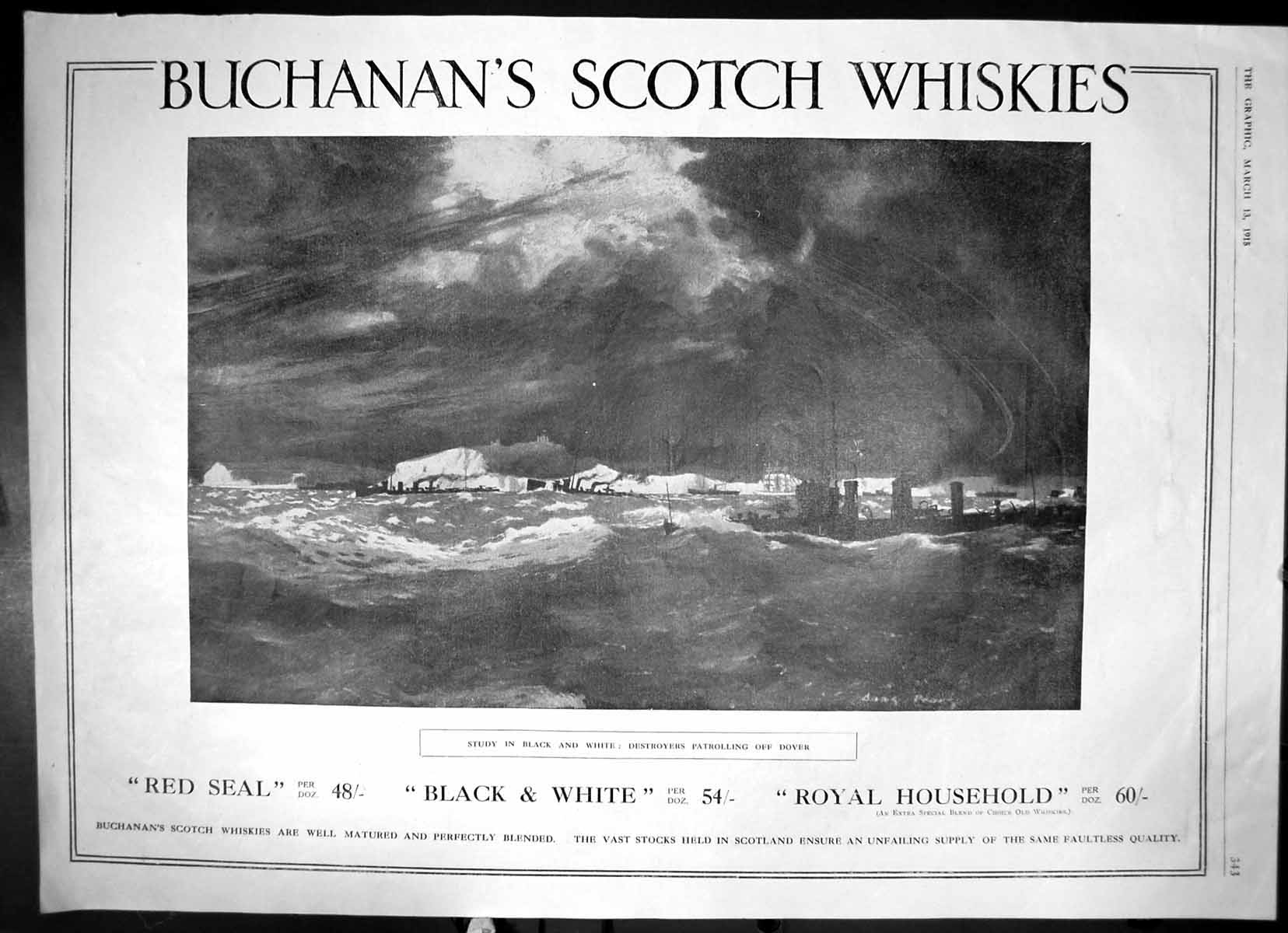 Antique Print Buchanan'S Scotch Whisky Destroyers Patrolling Off Dover 1915