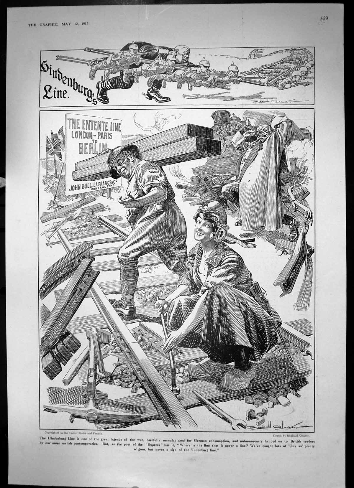 Old Print Hindenburg Line London Paris Berlin Entente Line John Bull 1917 20th
