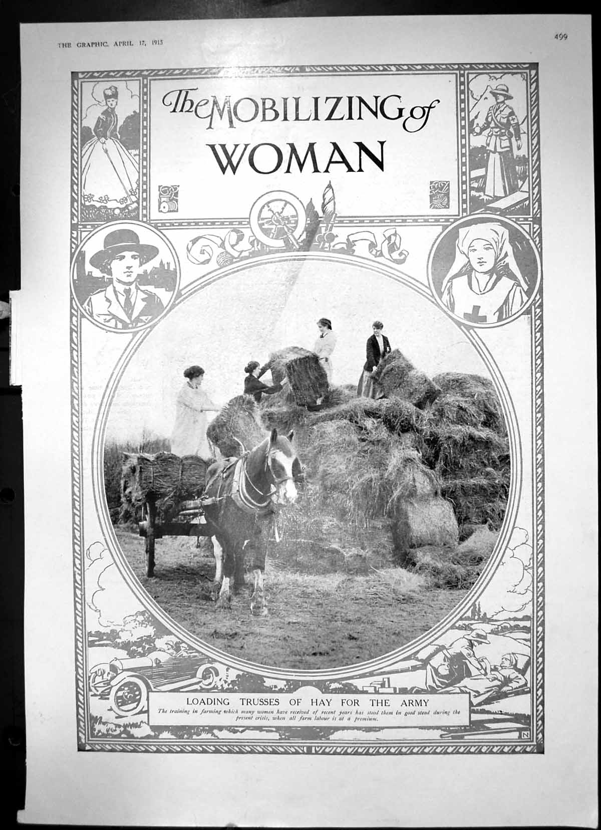 Antique Old Print The Mobilizing Woman Loading Trusses Hay For The Army 1915