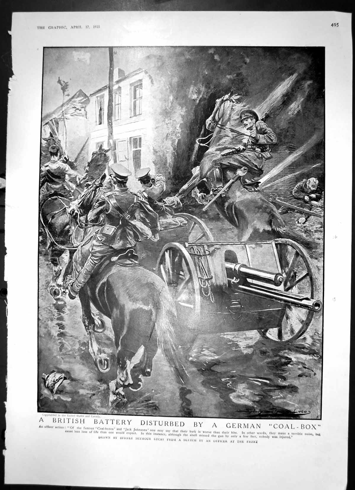 Old Print A British Battery Disturbed By A German Coal-Box Frontline 1915 20th