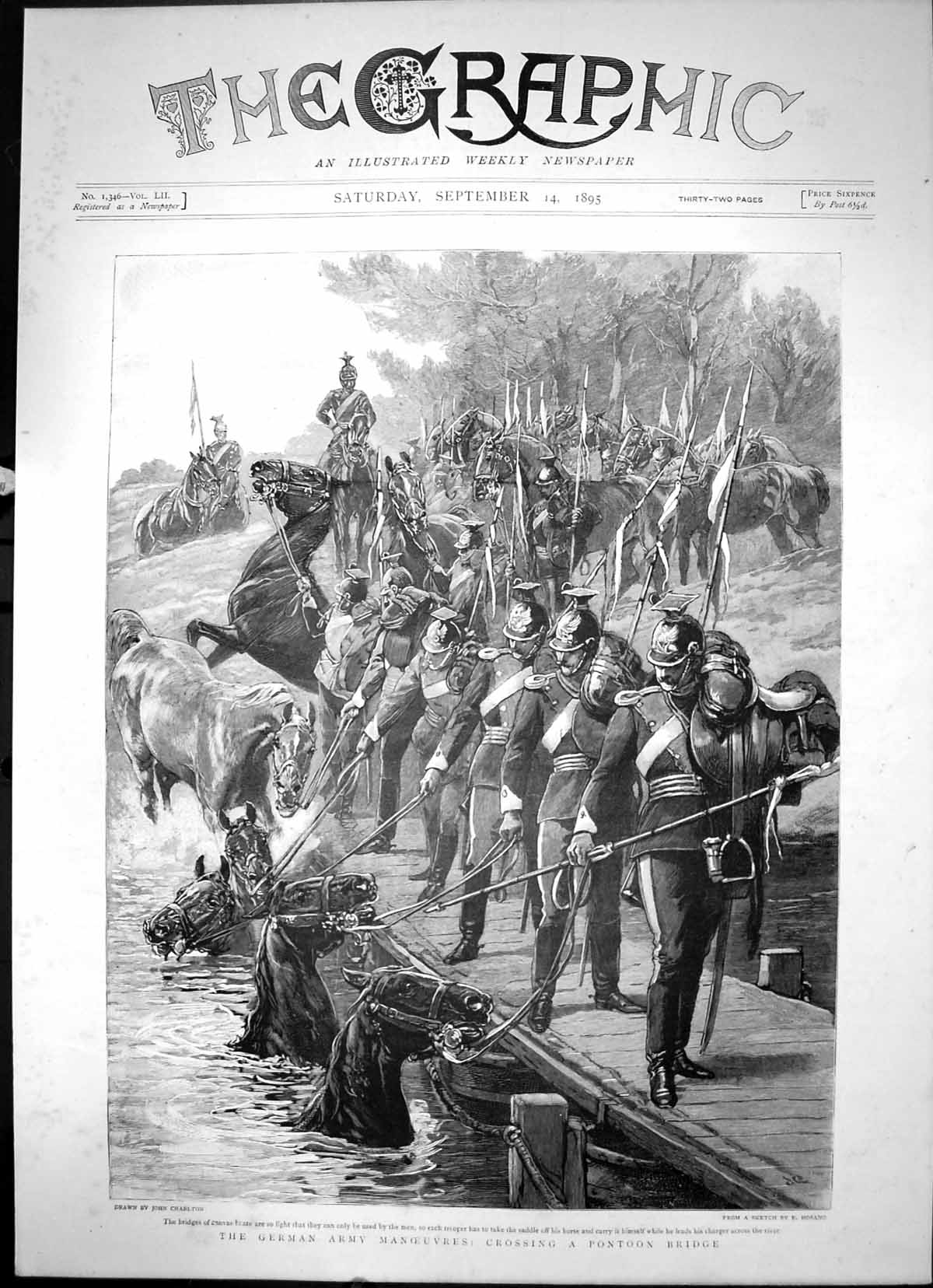 Antique Old Print The German Army Manoeuvres Crossing A Pontoon Bridge 1895