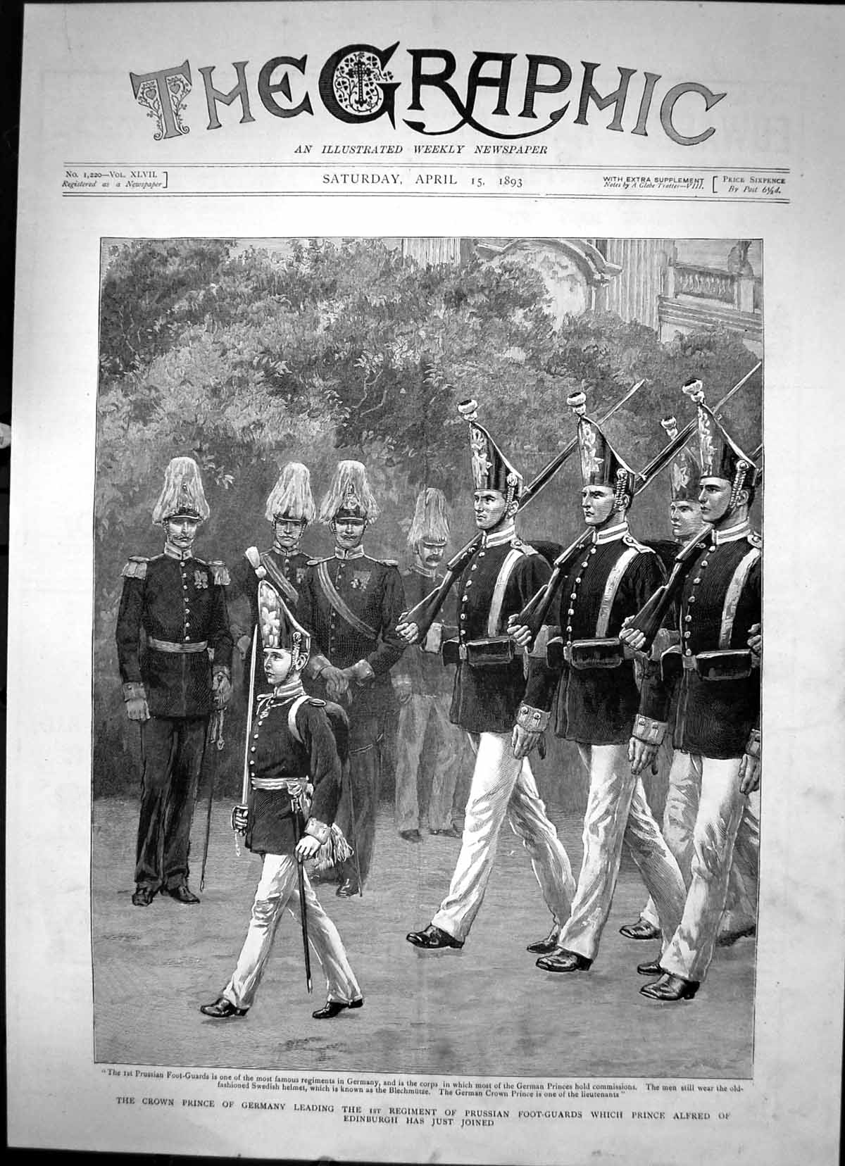 Old Antique Print Crown Prince Germany Leading 1St Regiment Prussian 1893