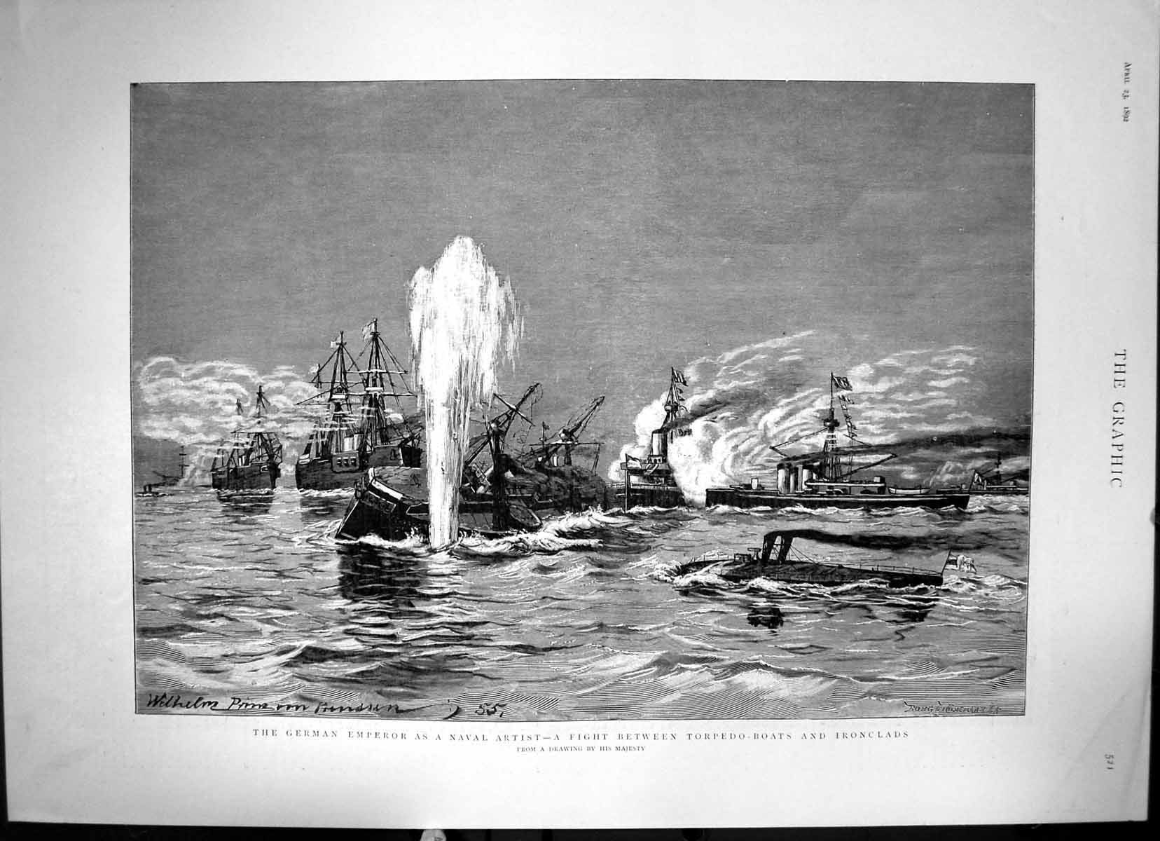 Old Print German Emperor As Naval Artist Fight Between Torpedo Boats 1892 19th