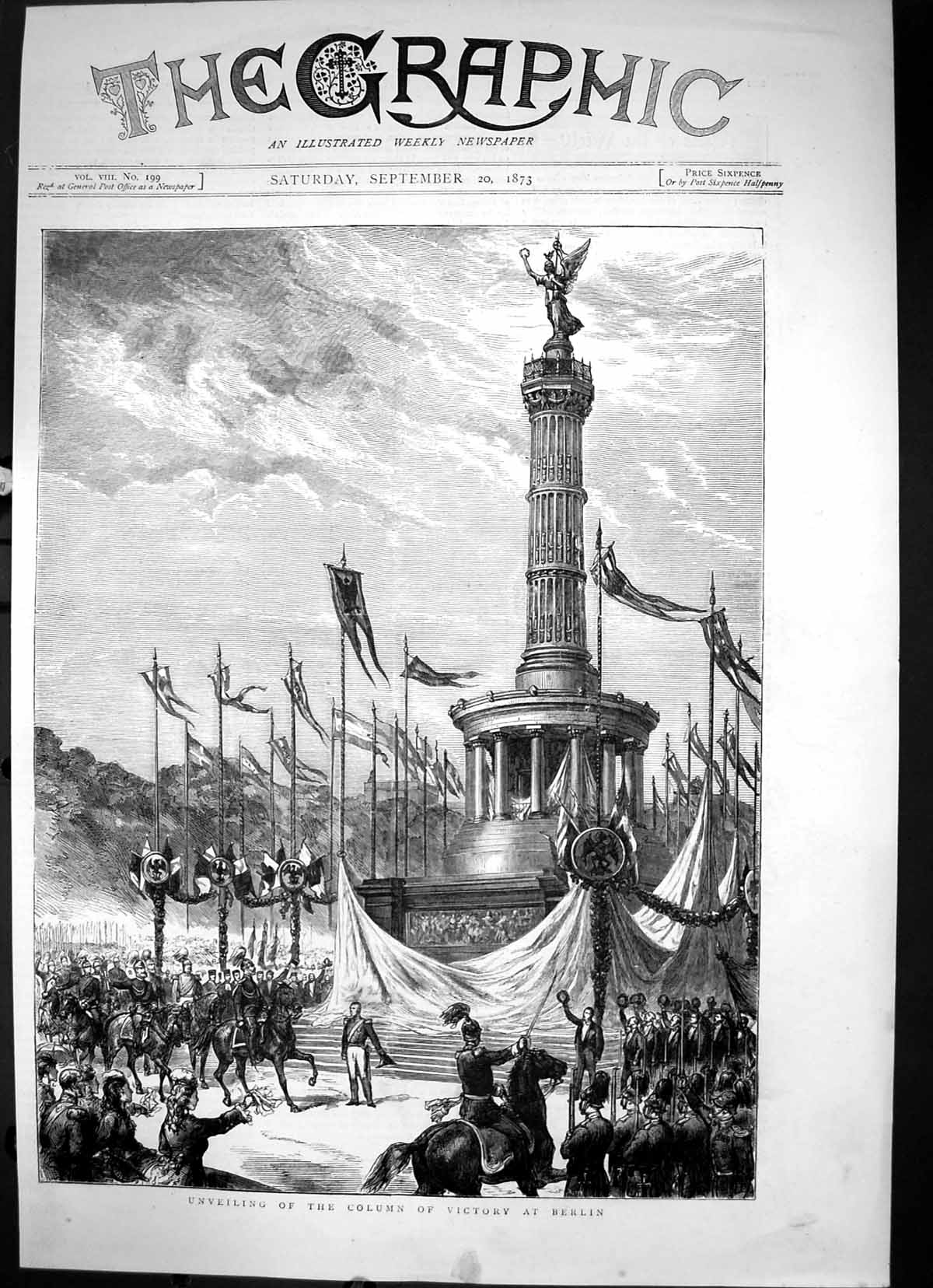 Antique Old Print Unveiling The Column Victory At Berlin Statue Sketch 1873